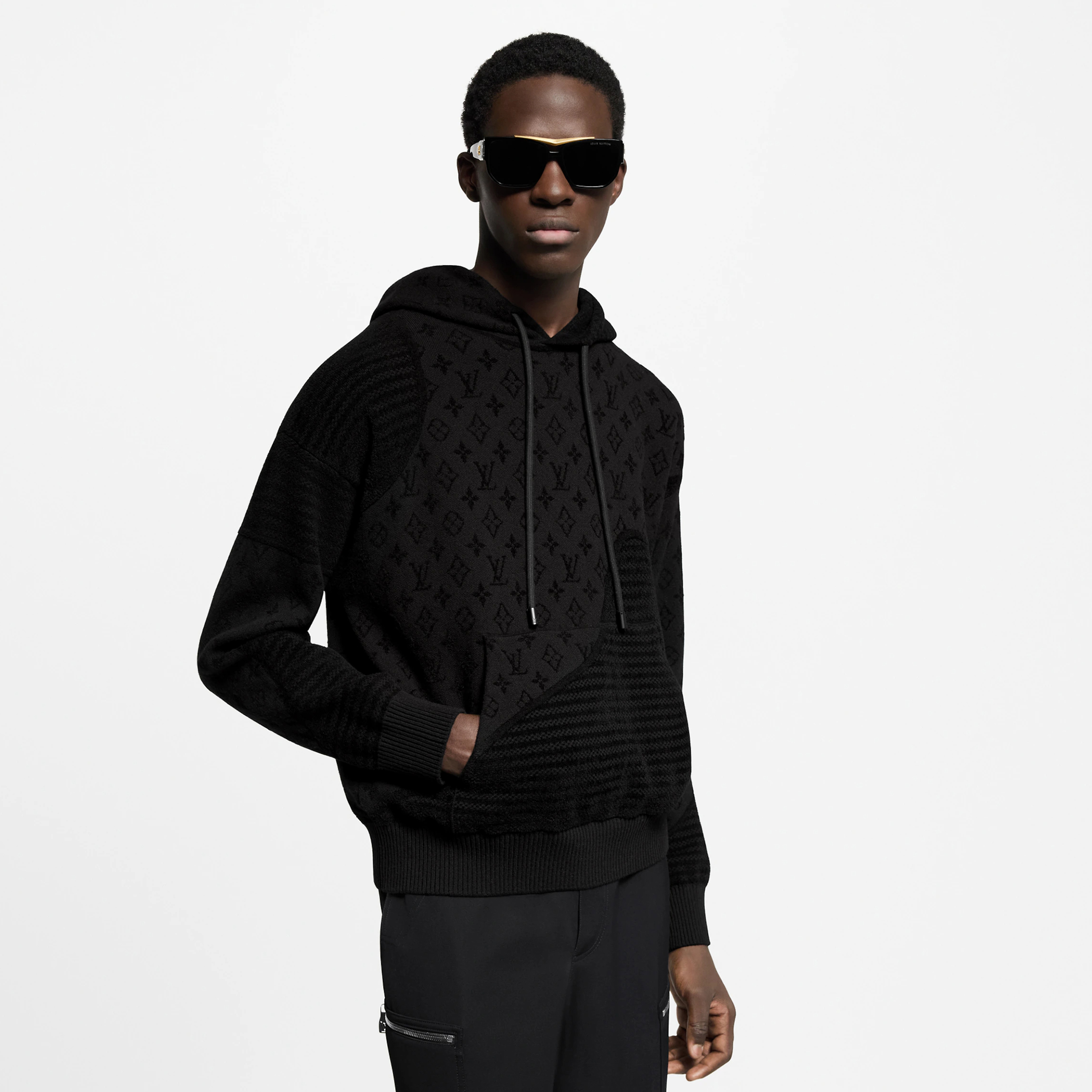 NIGO Louis Vuitton Men's Spring and Autumn Black Knitted Jacquard Patchwork Pullover Hoodie Monogram Velvet Stripe Long Sleeve Hooded Sweatshirt #nigo76342