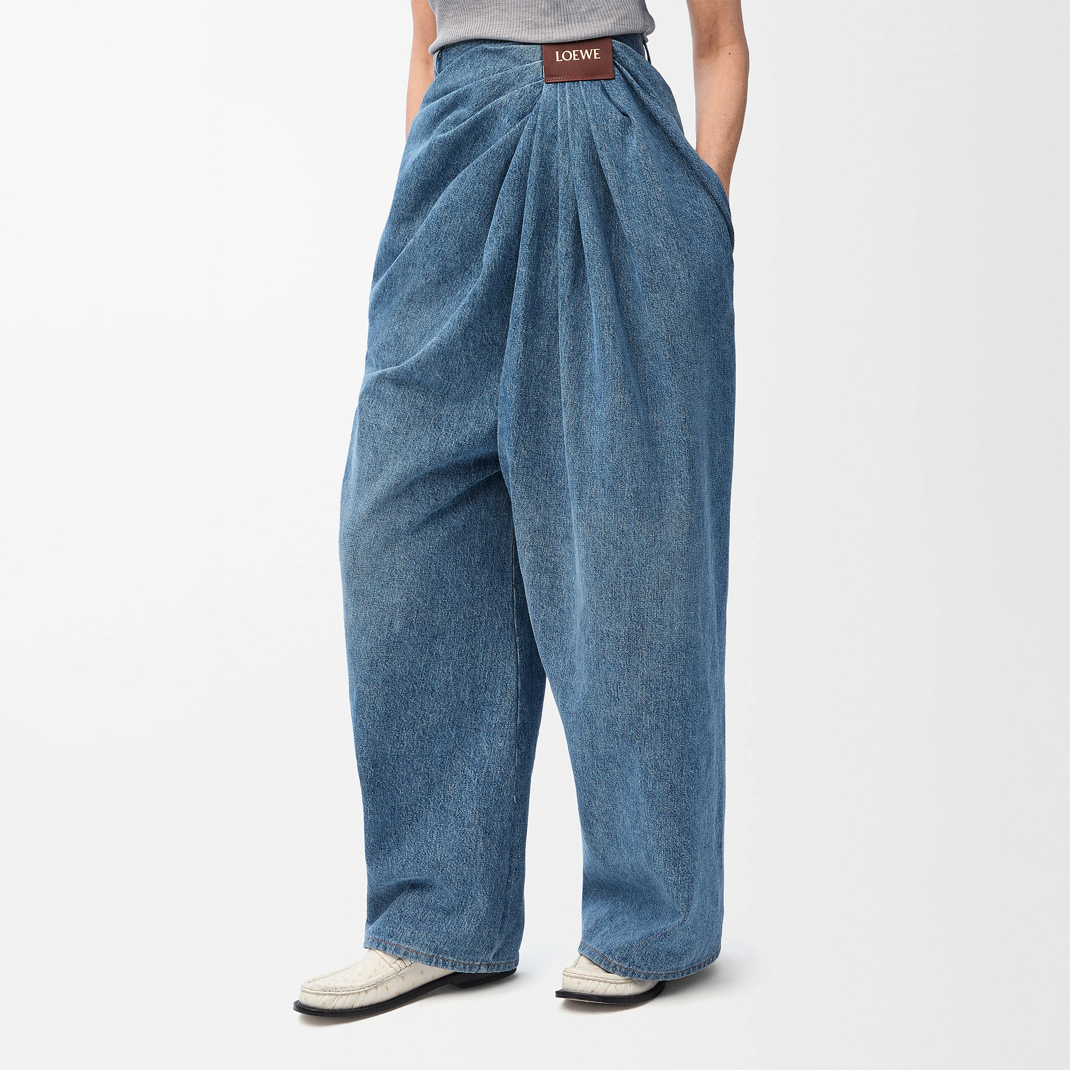 NIGO Loewe Women's Tannin Draped Jeans Spring And Summer Fashion Pants Logo High-Waisted Pleated Wide-Leg Denim Trousers #nigo76334