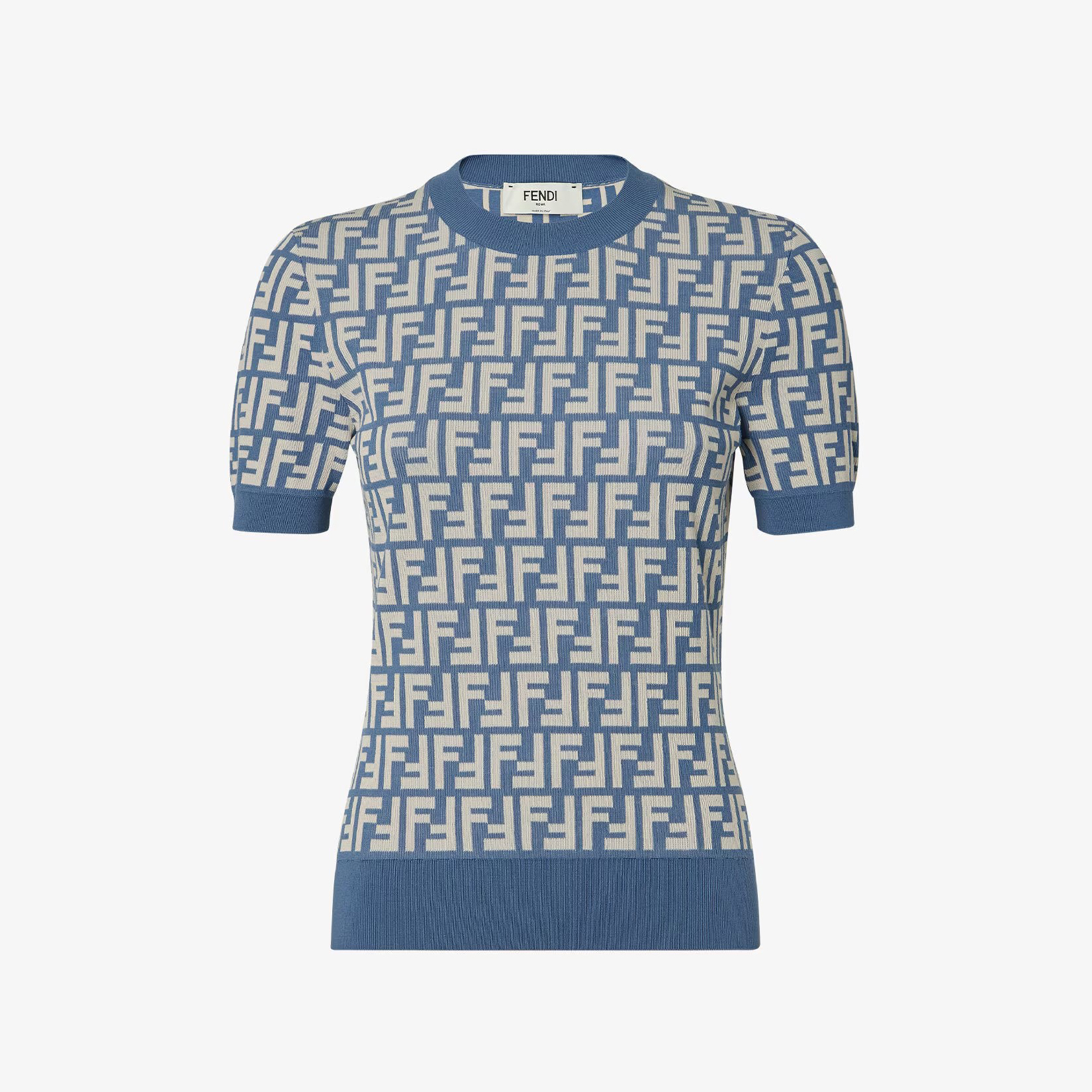 NIGO Fendi Women's Summer Blue and White FF Letter Print Round Neck Knit Short Sleeve T-Shirt #nigo76317