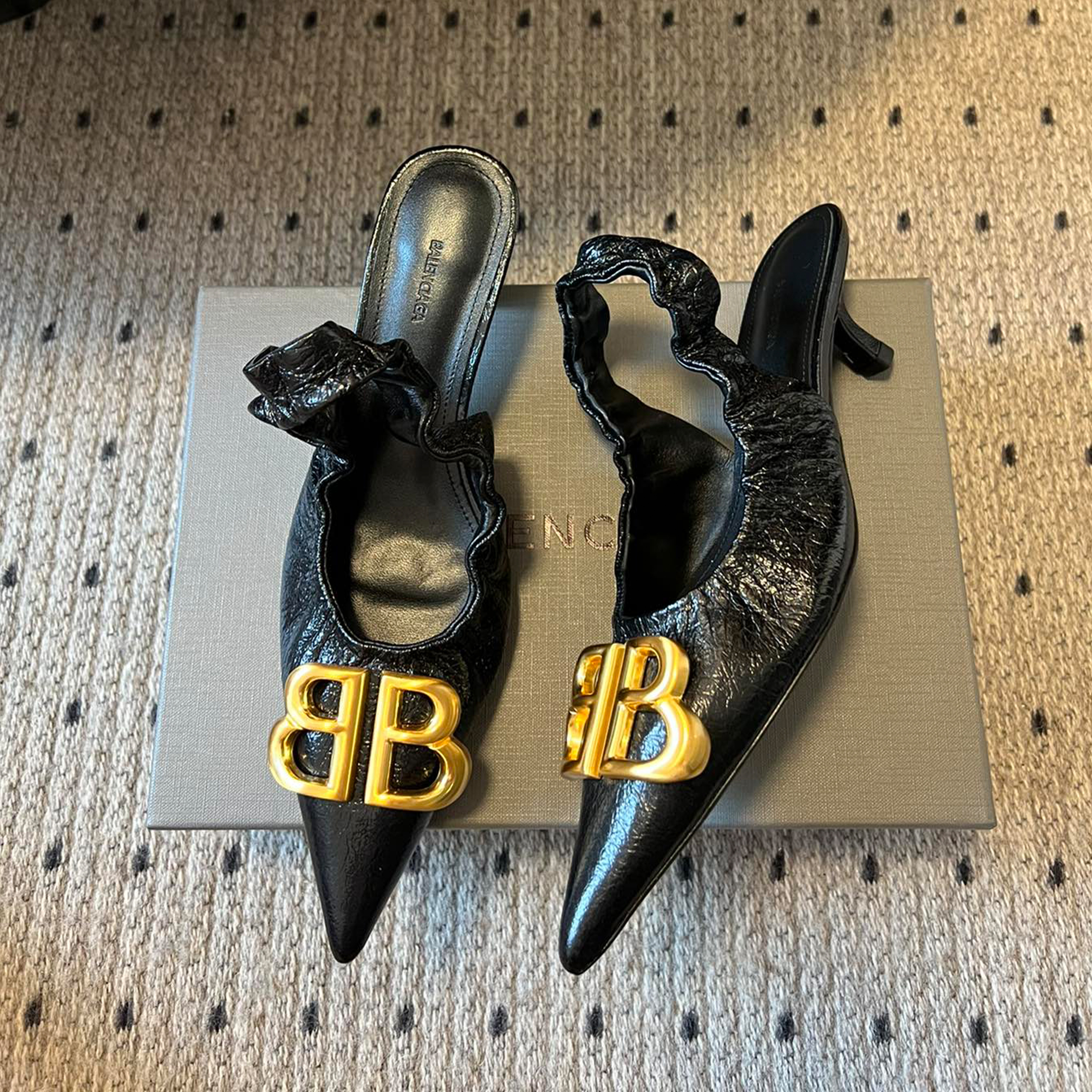 NIGO Balenciaga Women's Monaco 50mm Slingback Spring And Summer Double B Metal Decoration Pointed Sandals Fine Heel High Heels Fashion Sexy Black Silver Basic Sandals Shoes Heel 4.5cm #nigo76337