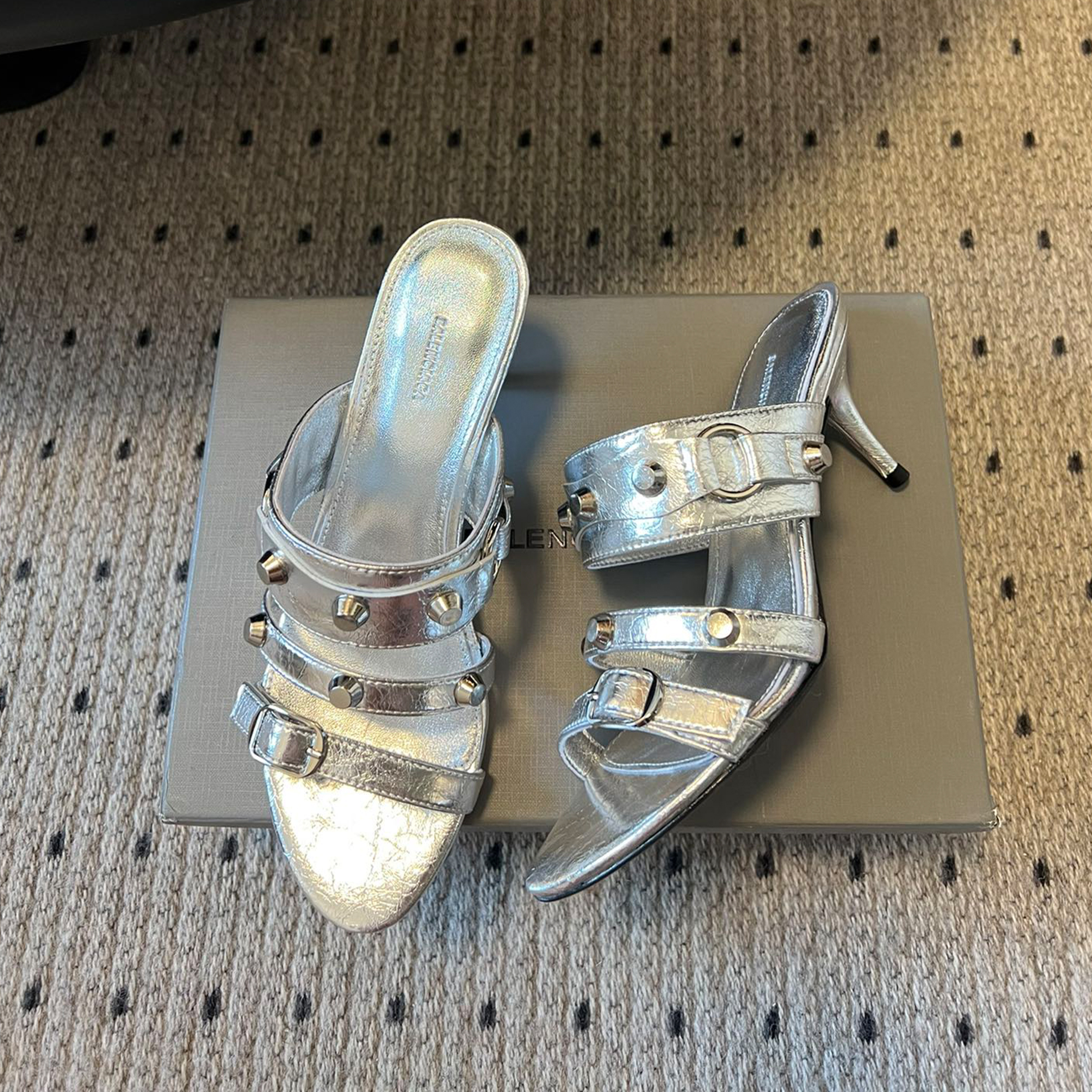 NIGO Balenciaga Women's Metal Rivet Decorated Sandals Fine Heeled High Heels Fashion Sexy Solid Colour Basic Slippers Shoes Heel High 8.5cm Ngvp #nigo1466