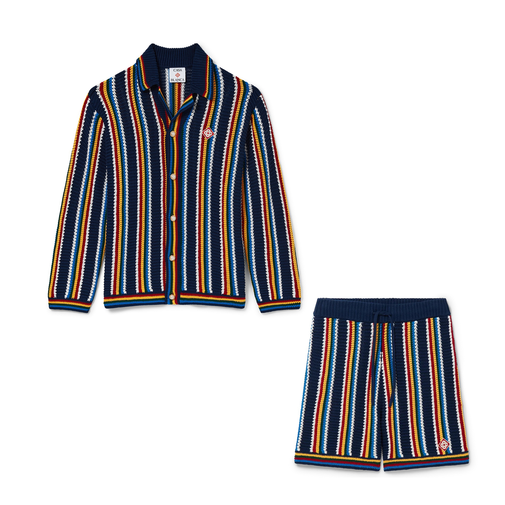 NIGO Casablanca Men's Spring And Summer Vertical Stripes Printed Single Breasted Long Sleeved Knitted Shirt Drawstring Tie Casual Knitted Shorts Suit Set #nigo76349