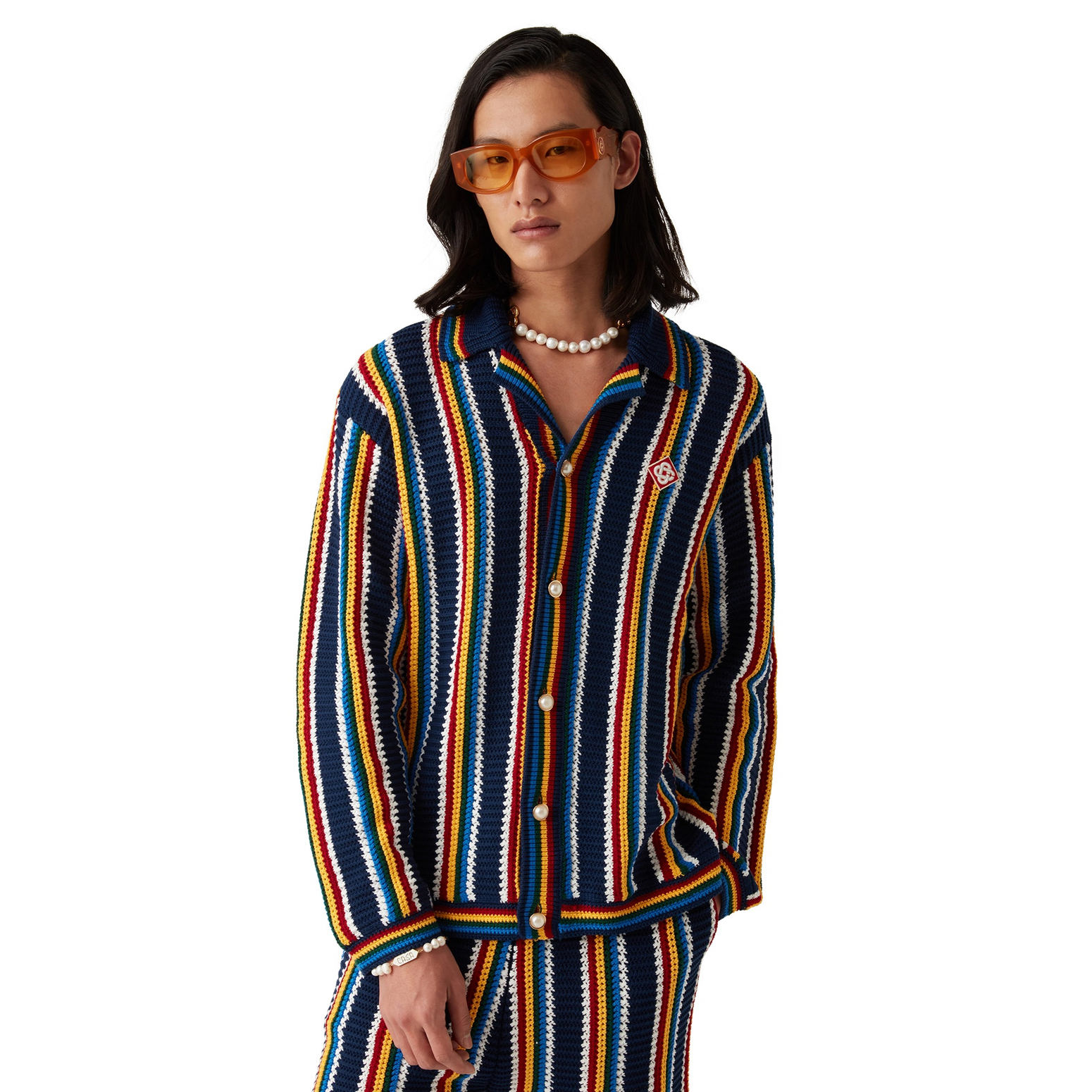 NIGO Casablanca Men's Spring And Summer Vertical Stripes Printed Single Breasted Long Sleeved Knitted Shirt Drawstring Tie Casual Knitted Shorts Suit Set #nigo76349