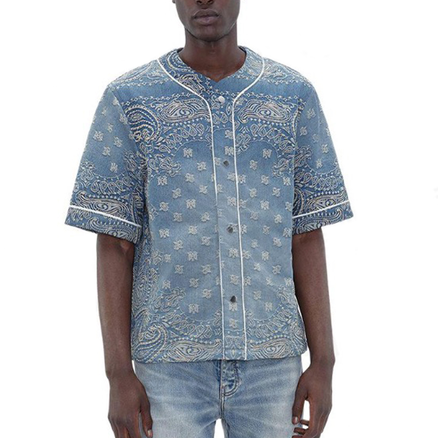 NIGO Amiri Men's Denim Jacquard Solid Color Single-Breasted Loose Summer Short Sleeve Shirt Ngvp #nigo1425
