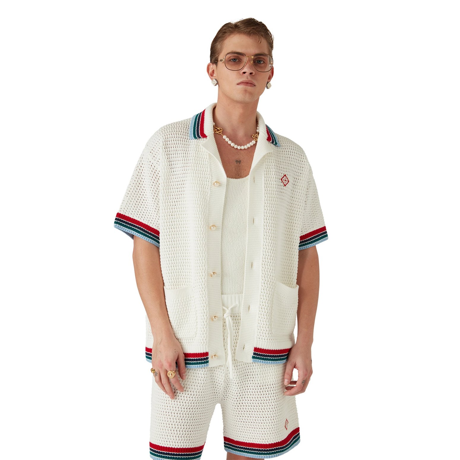 NIGO Casablanca Men's Summer Solid Color Skeleton Knit Breathable Single Breasted Short Sleeved Shirt Drawstring Tie Casual Knit Shorts Suit Set #nigo76351