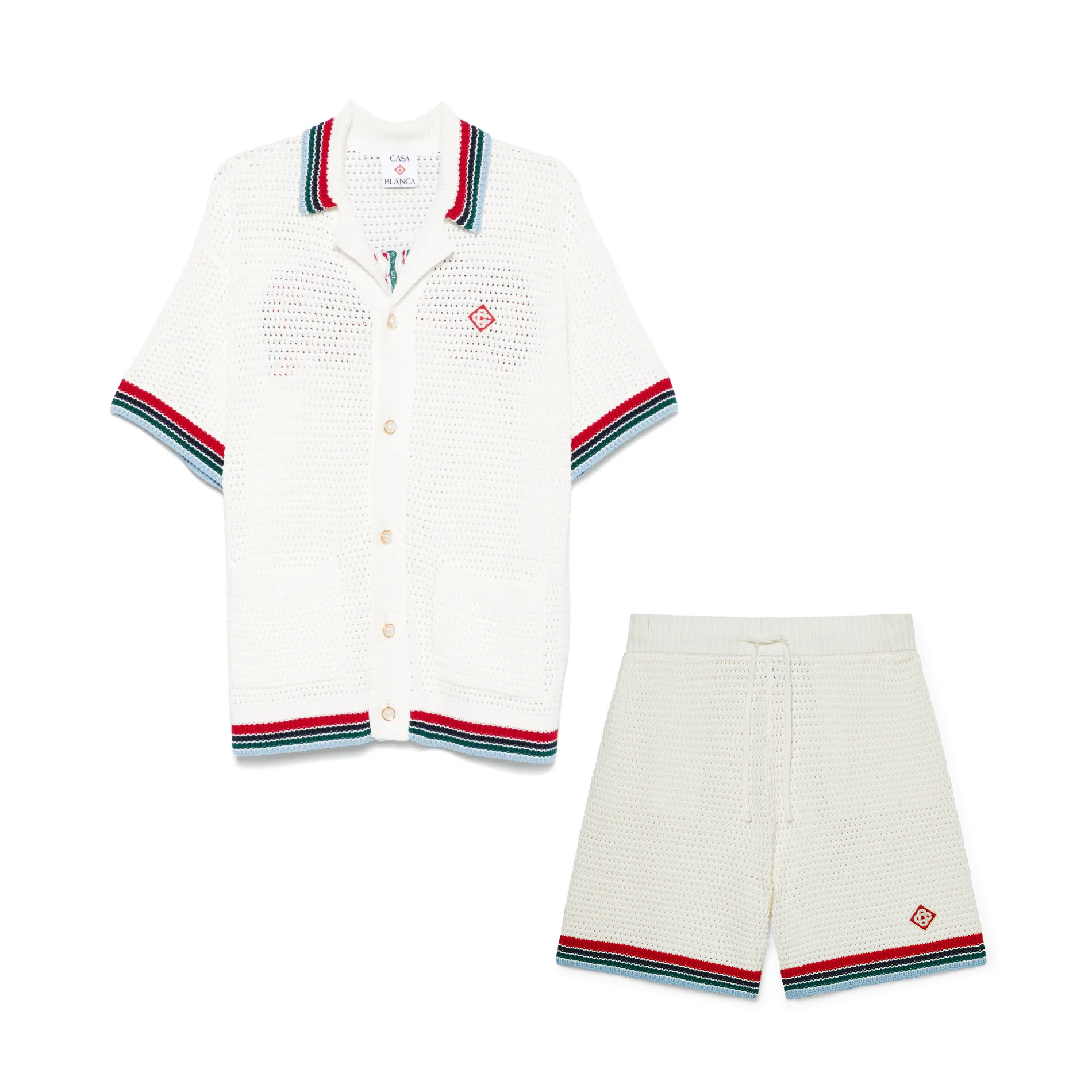 NIGO Casablanca Men's Summer Solid Color Skeleton Knit Breathable Single Breasted Short Sleeved Shirt Drawstring Tie Casual Knit Shorts Suit Set #nigo76351