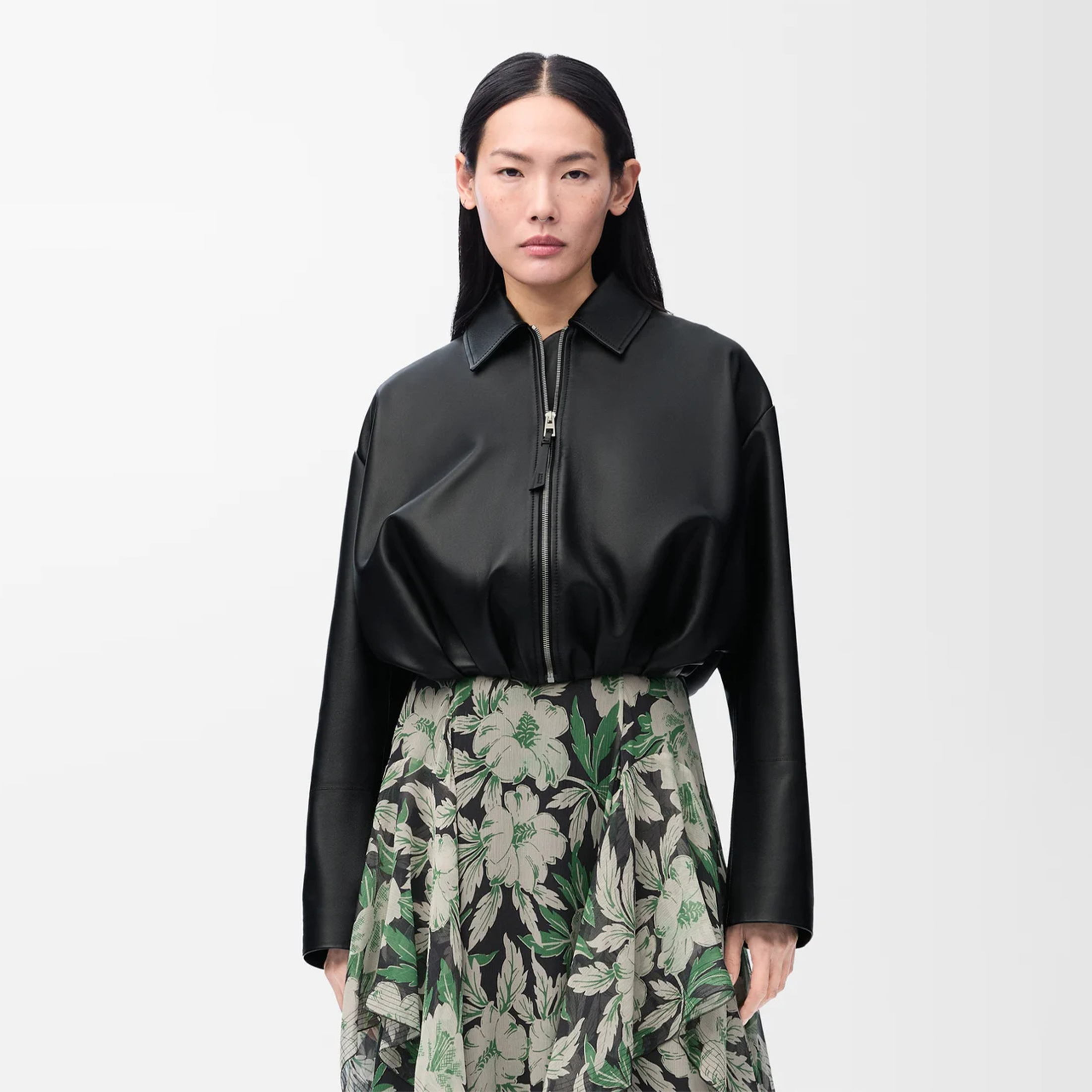 NIGO Loewe Women's Spring Summer Sheep Leather Draped Jacket Leather Patch Pleated Fashion Lapel Long Sleeve Leather Jacket #nigo81142