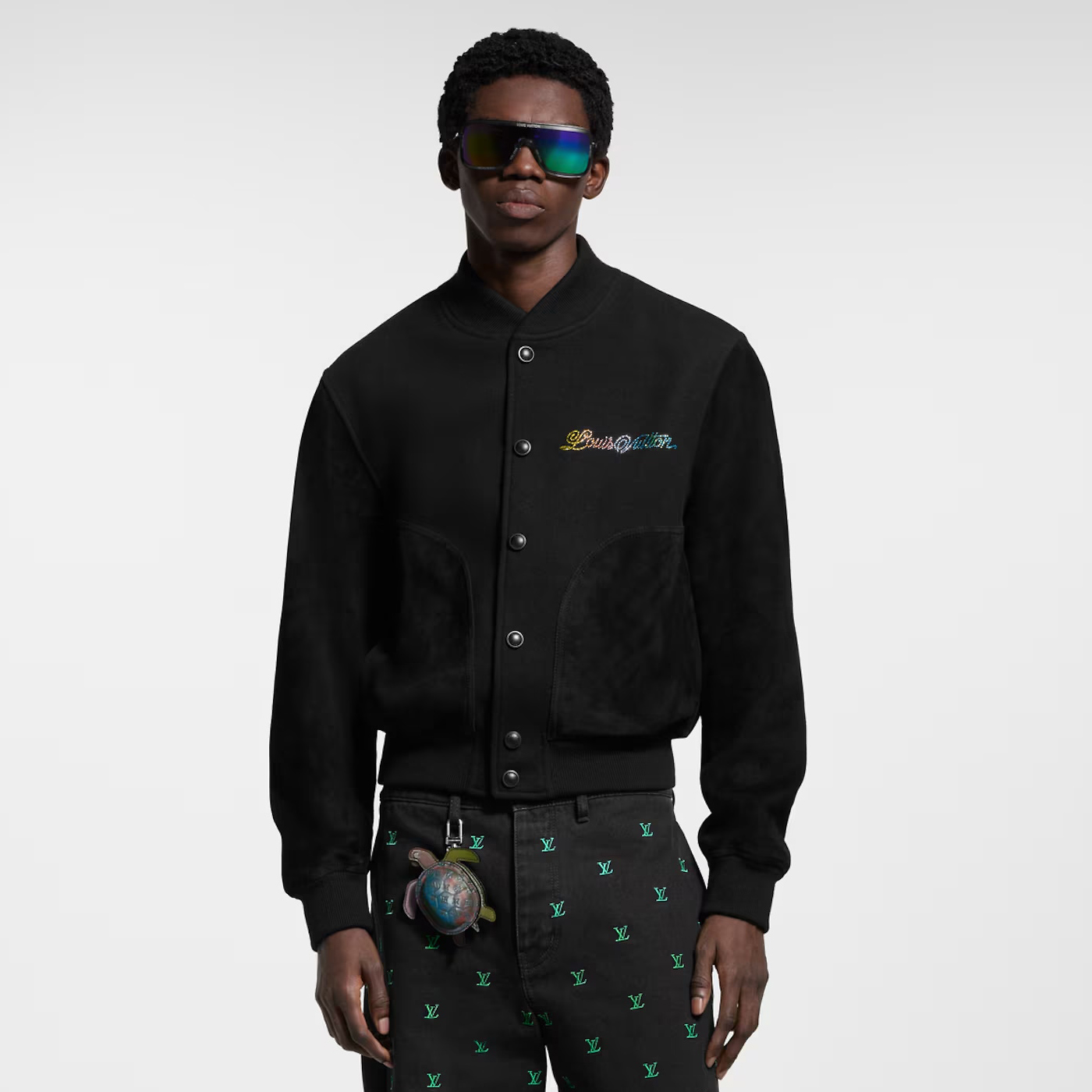 NIGO Louis Vuitton Men's Spring And Fall Solid Color Mixed Leather Single Breasted Drawstring Baseball Jacket #nigo76378