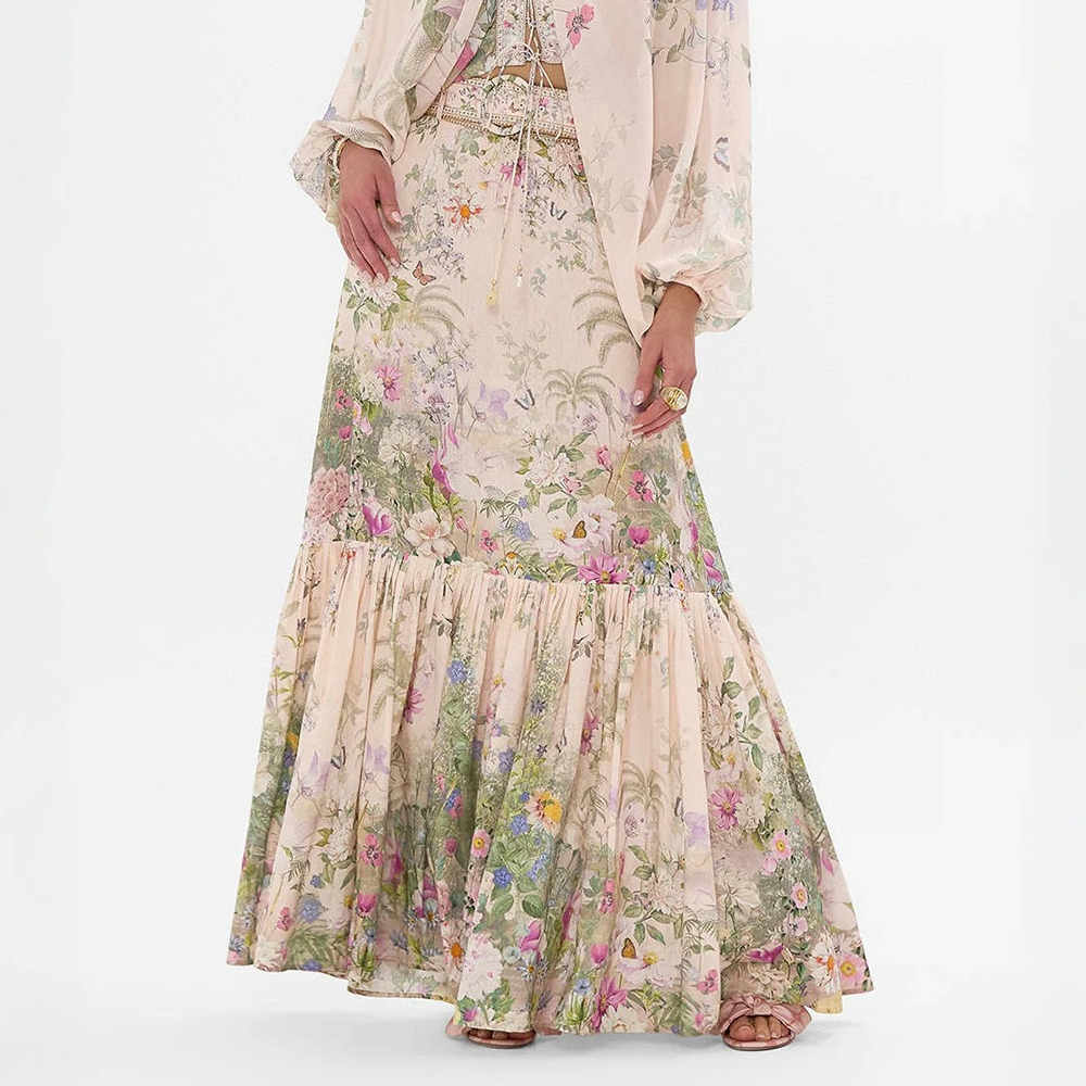 NIGO Camilla Women's Summer Floral Printed Silk Hemp Hem Ruffle Casual Long Half Skirt Ngvp #nigo1438