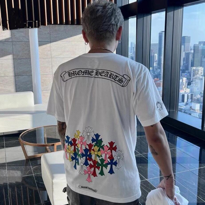 NIGO Chrome Hearts Men's Women's Summer Tide Sanskrit Letters Colourful Cross Logo Short-Sleeved T-Shirt Round Neck Short-Sleeved Casual T-Shirt #nigo81147