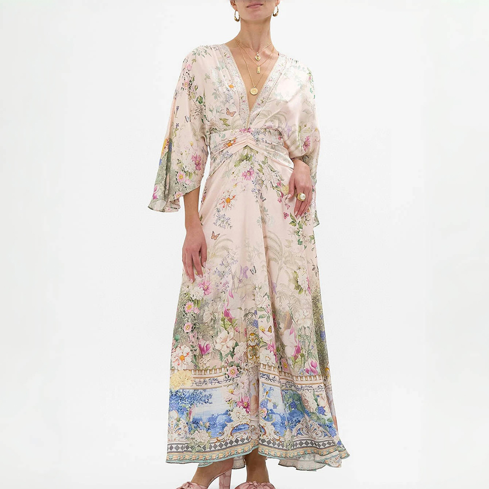 NIGO Camilla Women's Silk Floral Printed V-Neck Summer Mid-Length Waist Slim Dresses Ngvp #nigo1442