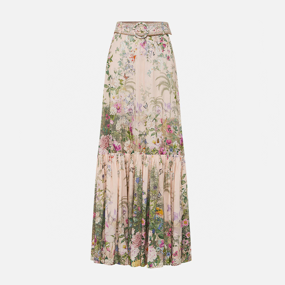 NIGO Camilla Women's Summer Floral Printed Silk Hemp Hem Ruffle Casual Long Half Skirt Ngvp #nigo1438