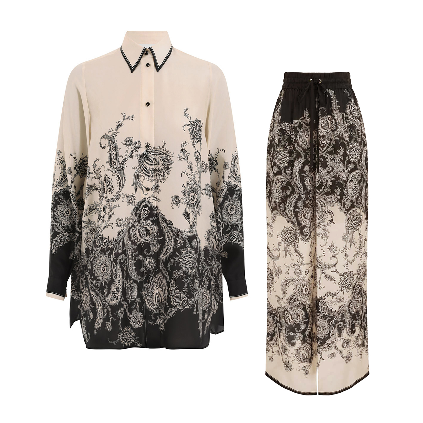 NIGO Zimmermann Women's Spring Summer Black Floral Pattern Single Breasted Long Sleeve Shirt Drawstring Tie Casual Pants Set Suit #nigo76415