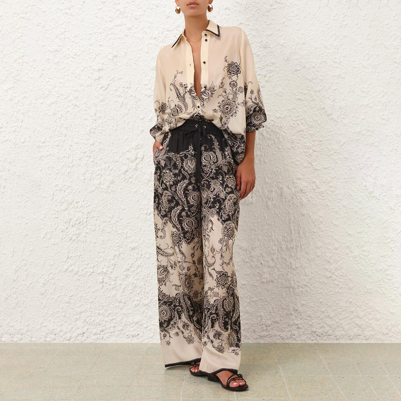 NIGO Zimmermann Women's Spring Summer Black Floral Pattern Single Breasted Long Sleeve Shirt Drawstring Tie Casual Pants Set Suit #nigo76415