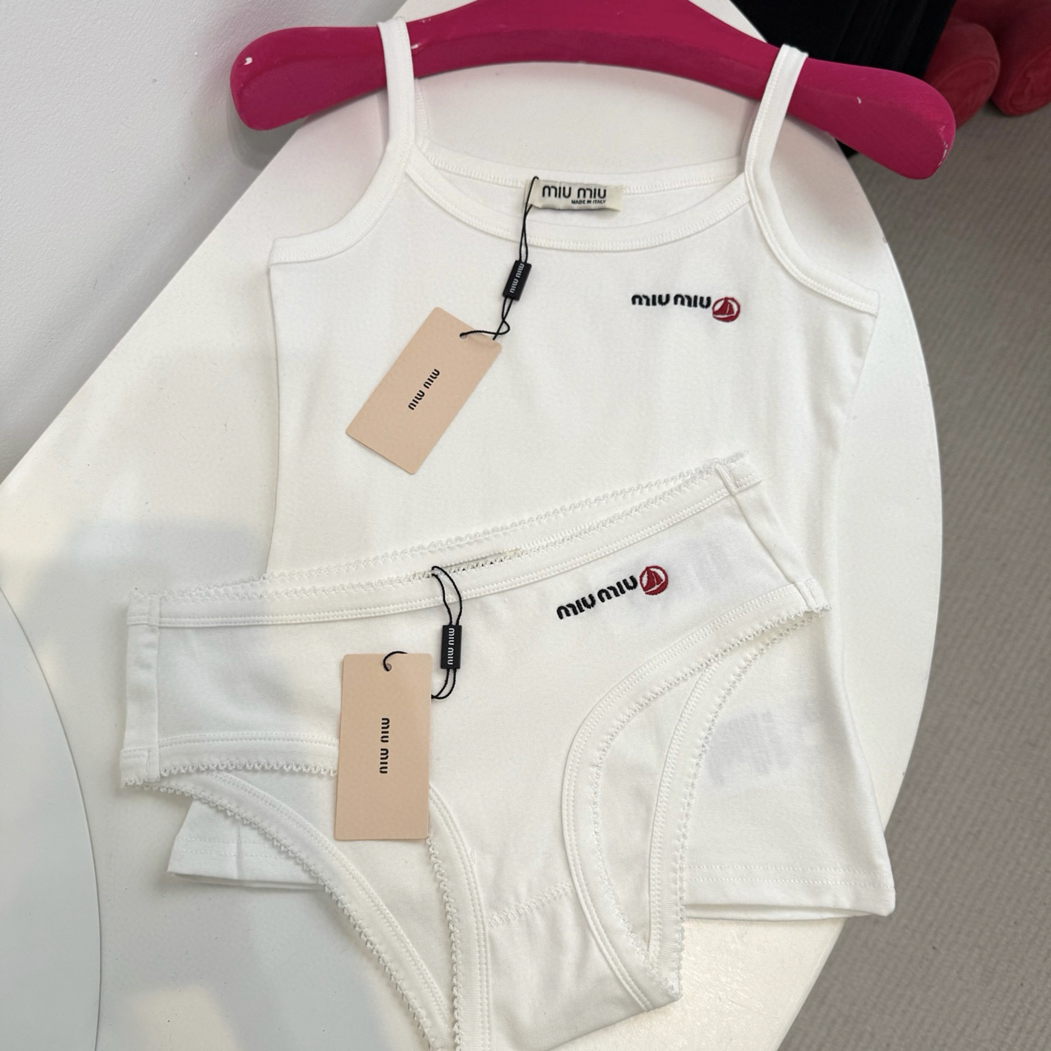 NIGO Petit Bateau X Miu Miu Women's Summer  Stretch Plain Knit Top Knit Trousers Fashion Beach Wear White Black Trend Elegant Embroidery Set Suit #nigo76431