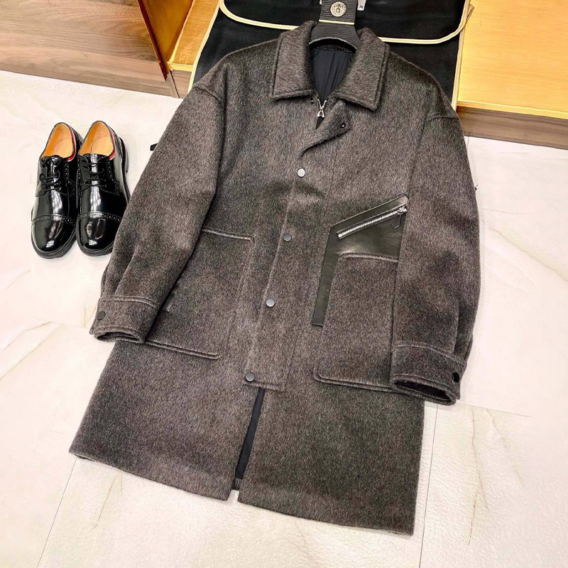 NIGO Hermes Men's Fall And Winter Tweed Splicing Sheepskin Casual Solid Color Lapel Single-Breasted Long Cashmere Coat Jacket Ngvp #nigo9883