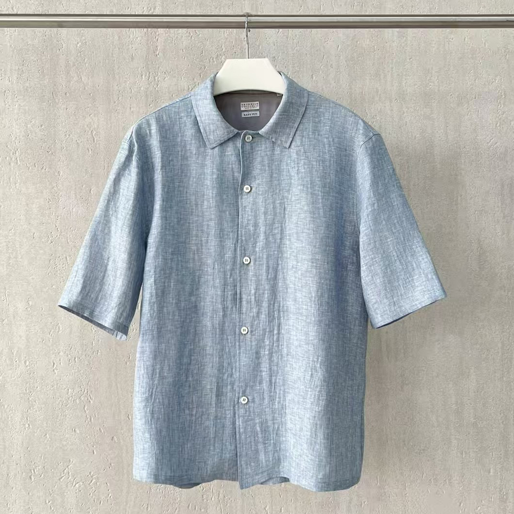 NIGO Brunello Cucinelli Men's Linen Loose Summer Single-Breasted Solid Color Lapel Short Sleeve Shirt Ngvp #nigo1454