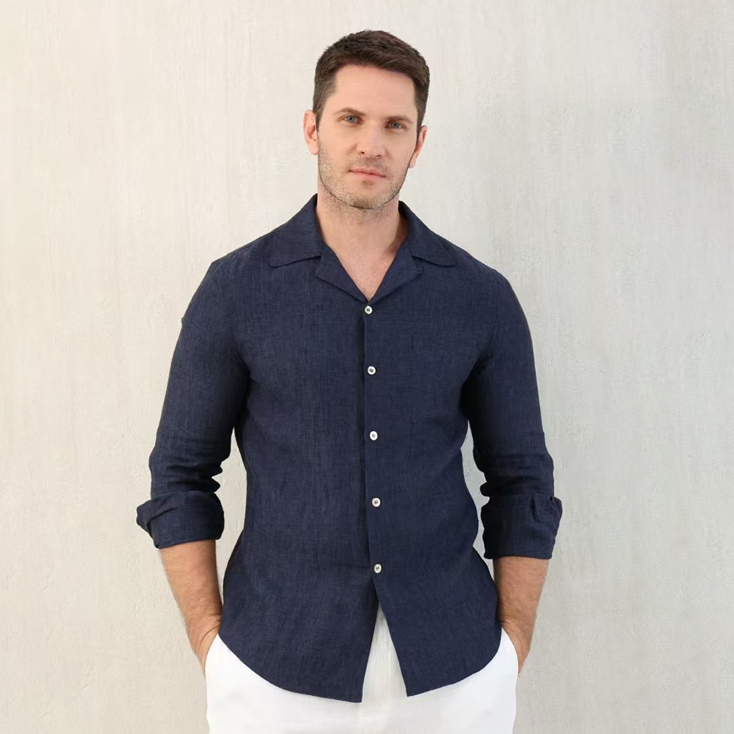 NIGO Brunello Cucinelli Men's Linen Easy Fit Shirt with Camp Collar and Chest Pocket Spring And Autumn Solid Color Long Sleeve Top Ngvp #nigo1455
