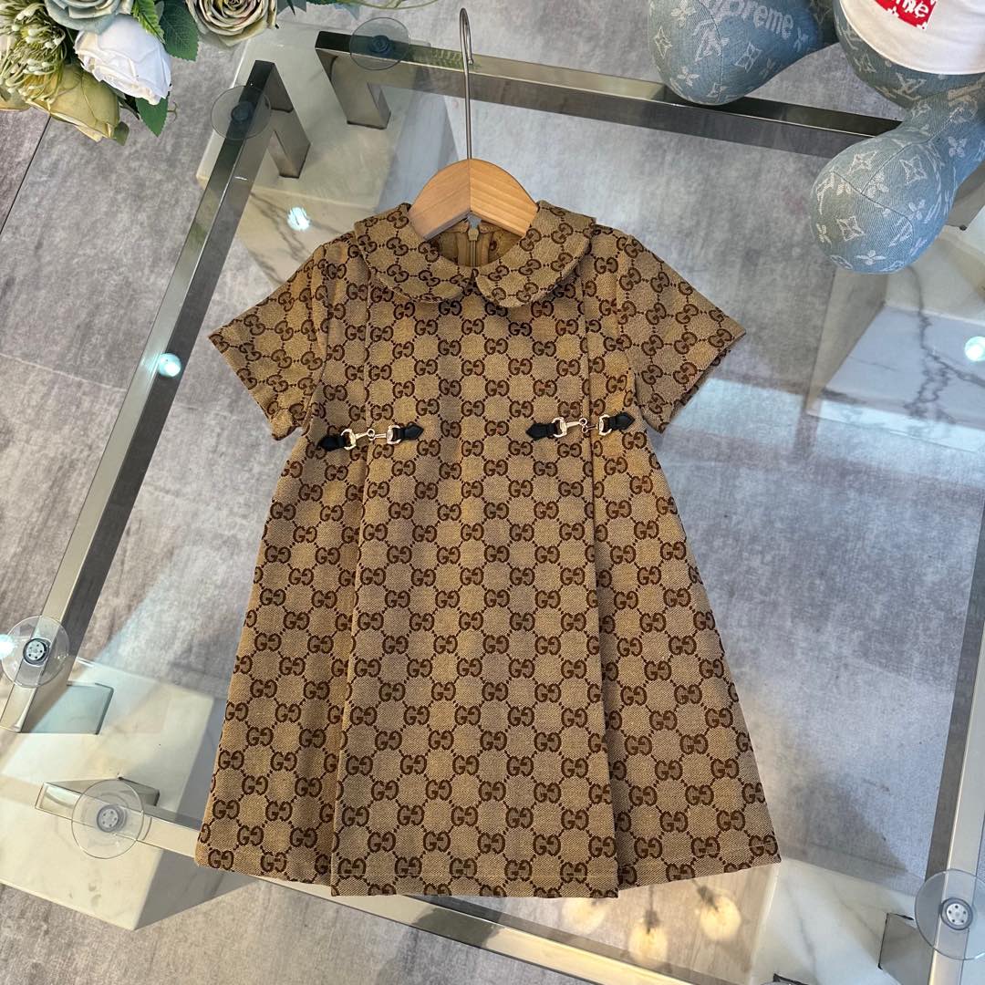 NIGO Gucci Kid's Summer GG Full Print Doll Neck Short Sleeve Cotton Dresses #nigo31361