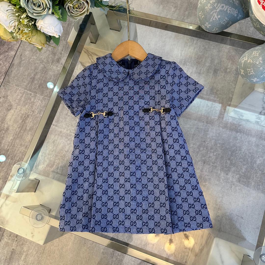 NIGO Gucci Kid's Summer GG Full Print Doll Neck Short Sleeve Cotton Dresses #nigo31361