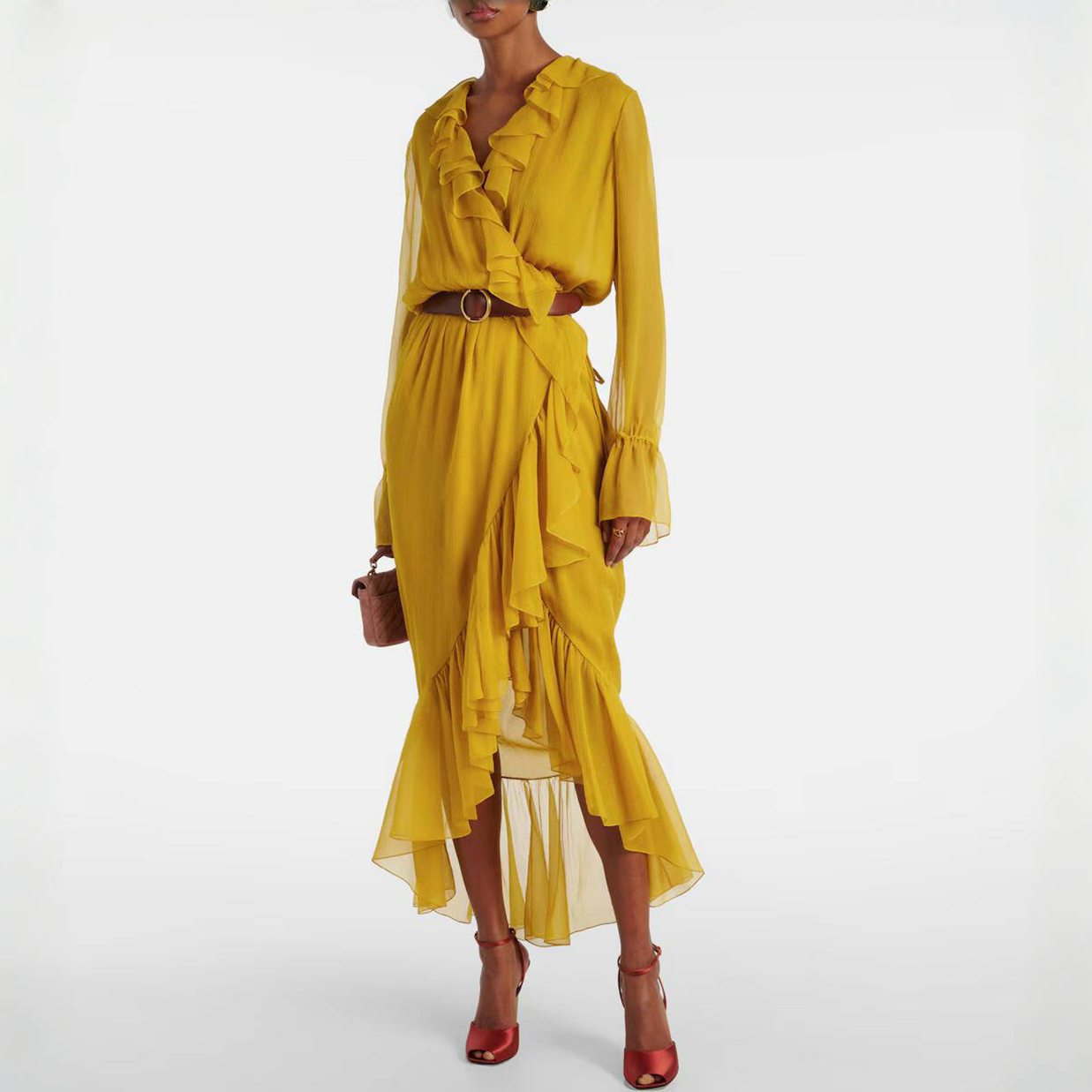 NIGO Saint Laurent ﻿ Women's Ruffled Dress In Silk Crepon Muslin Solid Color Long Summer Fitted Dresses Ngvp #nigo1456