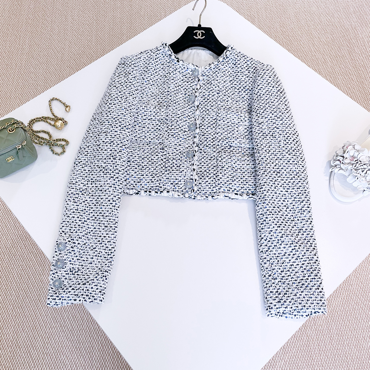 NIGO Chanel Women's Spring/Summer Shiny Twill Solid Color Tweed Pearl Button Round Collar Single Breasted Short Jacket Ngvp #nigo1458