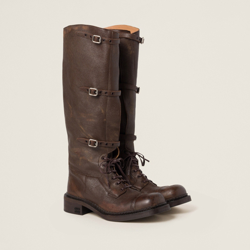 NIGO MiuMiu Women's Four Seasons Biker Style Retro Leather Buckle Boots Lace-up Cowhide Boots Casual Shoes Ngvp #nigo8389