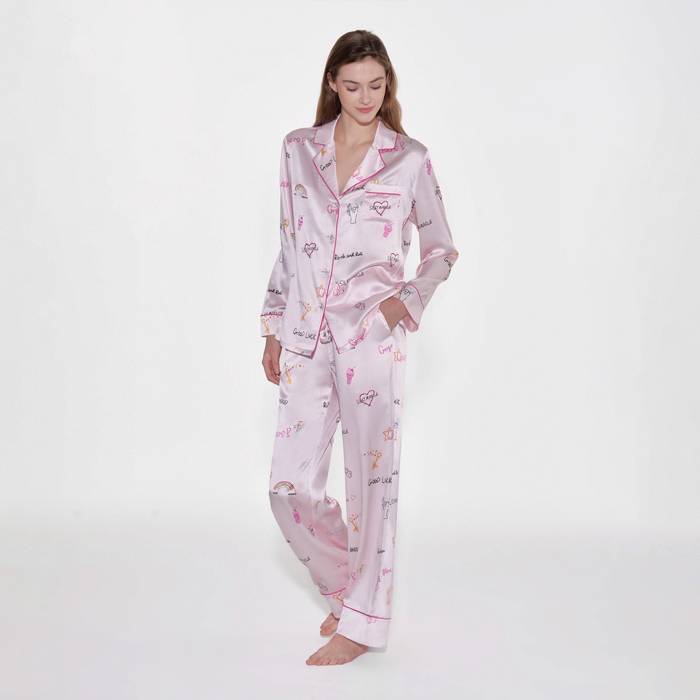 Silky Miracle Printed Pink Silk Pajamas Homewear Ngvp #nigo6551