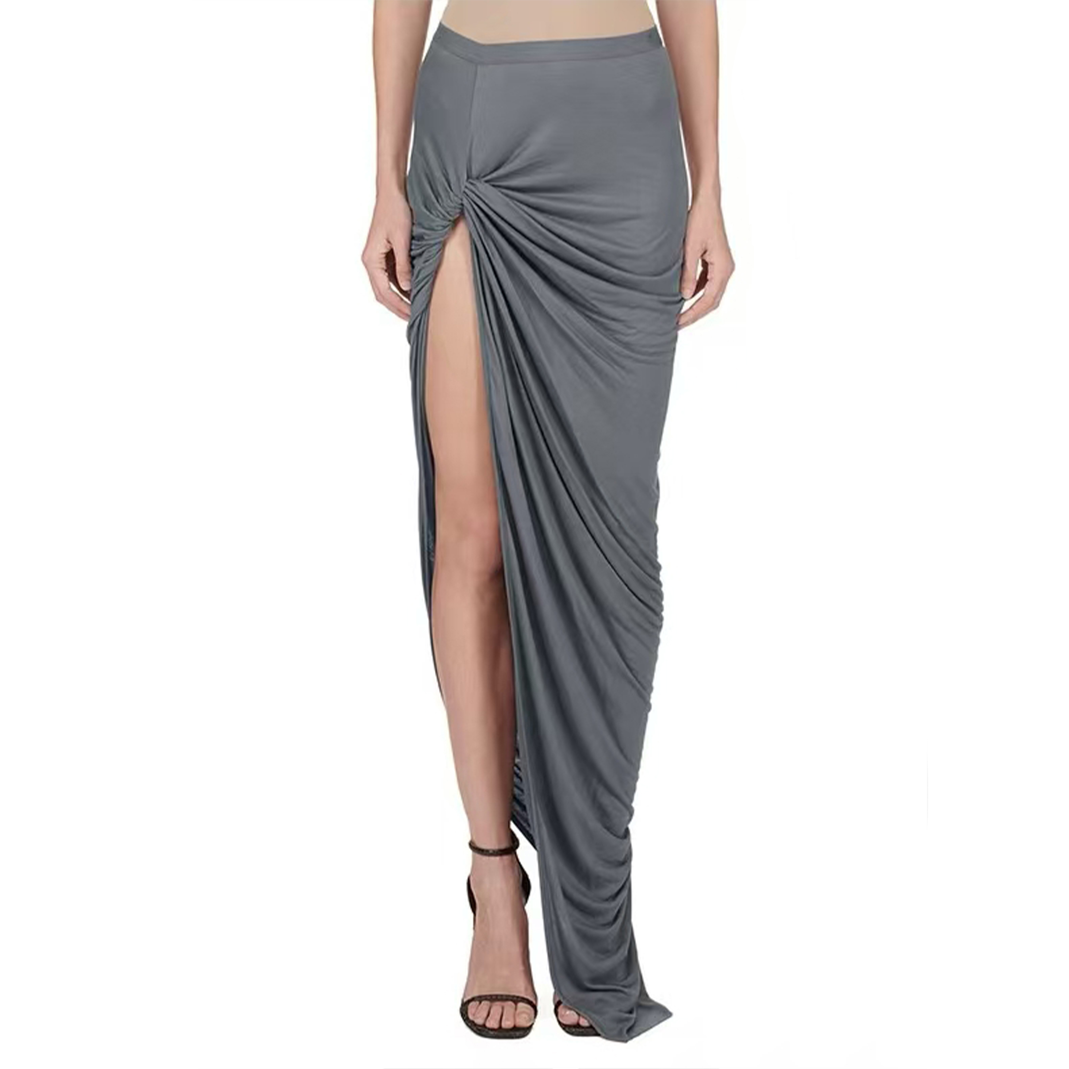 NIGO Rick Owens Women‘s Iron Grey Fibre Knit Twisted Pleated Halter Dark Irregular Slim Sexy Knotted Knit Draggy Hip Long Skirt Ngvp #nigo1493