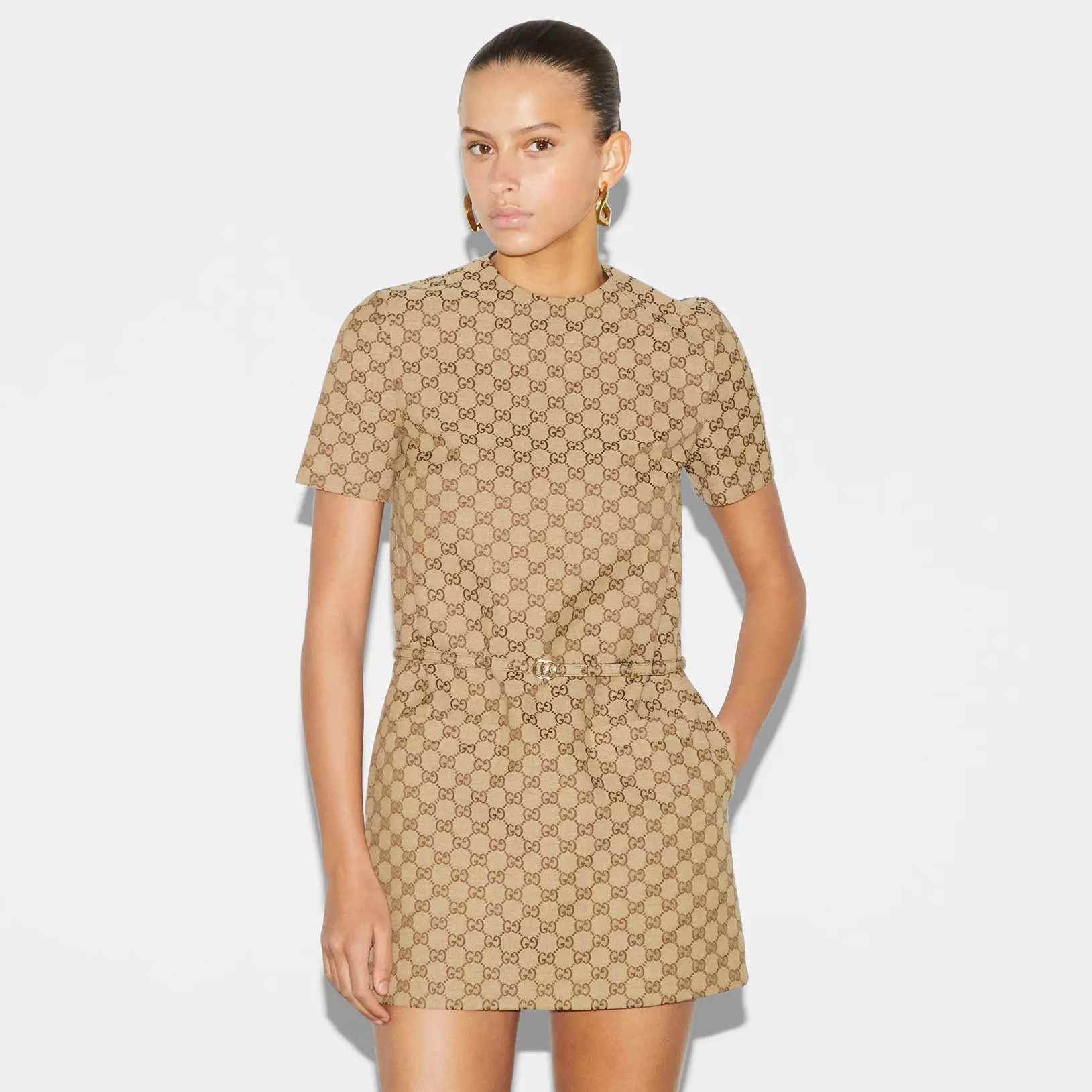 NIGO Gucci Women's Spring/Summer Round Neck Drawstring Waist Letter Printed Jacquard Short Sleeve Dresses #nigo76512
