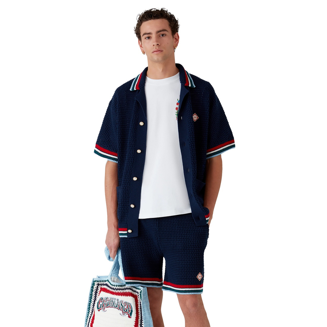 NIGO Casablanca Men's Summer Solid Color Skeleton Knit Breathable Single Breasted Short Sleeved Shirt Drawstring Tie Casual Knit Shorts Suit Set #nigo76525