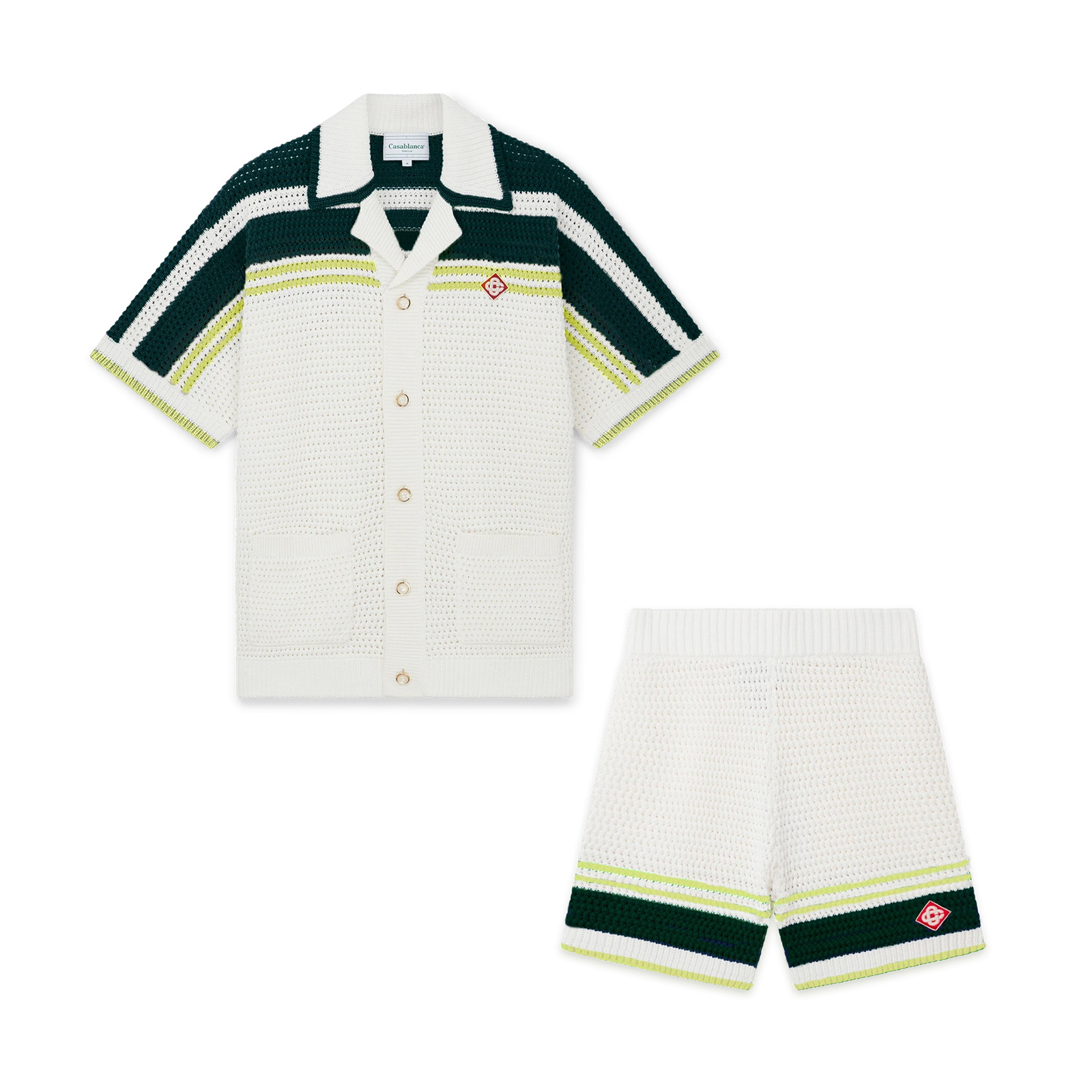 NIGO Casablanca Men's Summer Solid Color Skeleton Knit Breathable Single Breasted Short Sleeved Shirt Drawstring Tie Casual Knit Shorts Suit Set #nigo76526