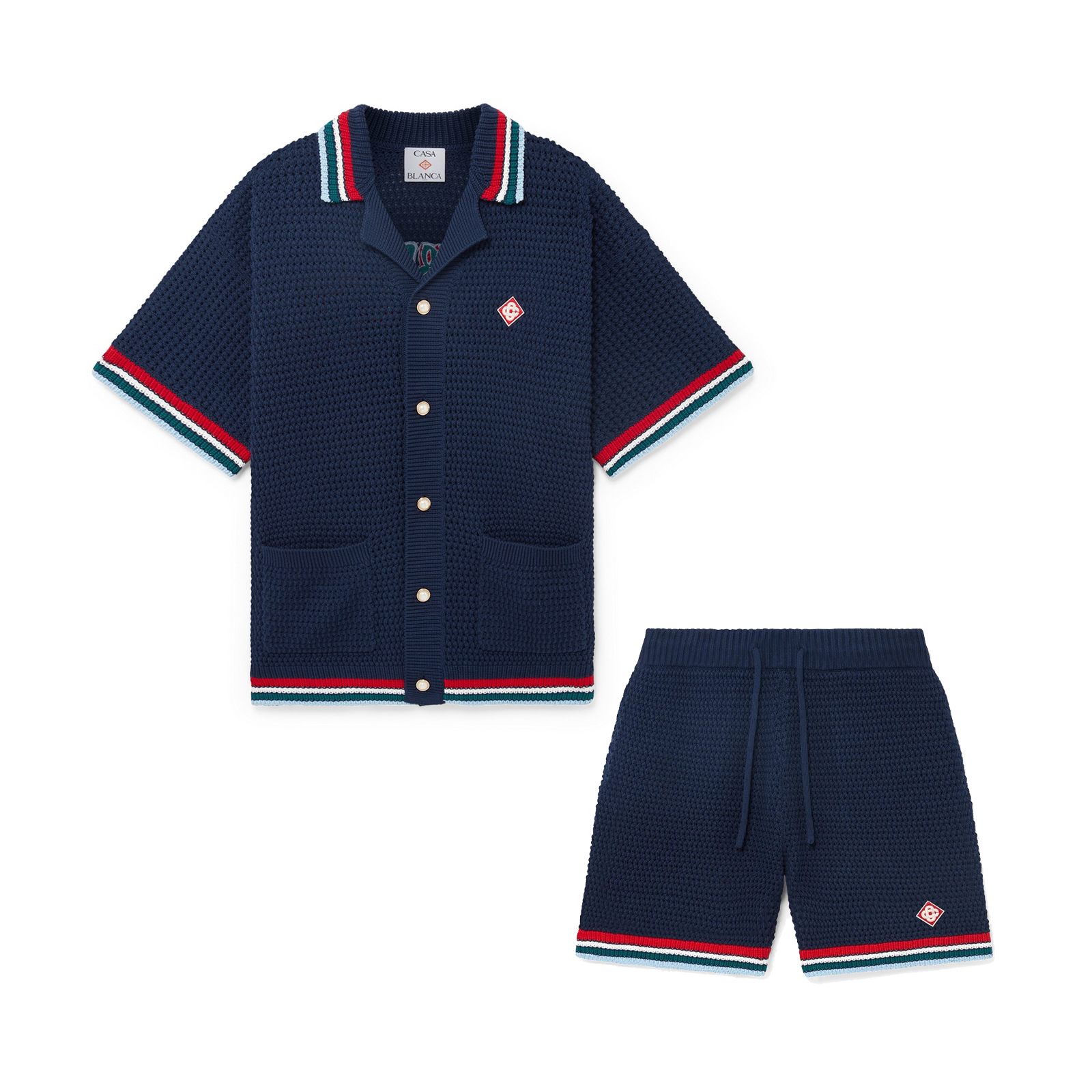 NIGO Casablanca Men's Summer Solid Color Skeleton Knit Breathable Single Breasted Short Sleeved Shirt Drawstring Tie Casual Knit Shorts Suit Set #nigo76525