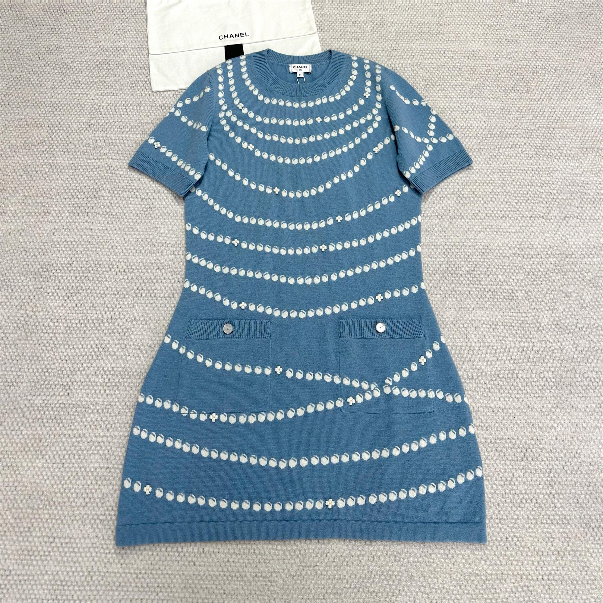 NIGO Chanel Women's Spring/Summer Solid Color Pearl Chain Printed Cashmere Short Sleeve Dresses #nigo76518