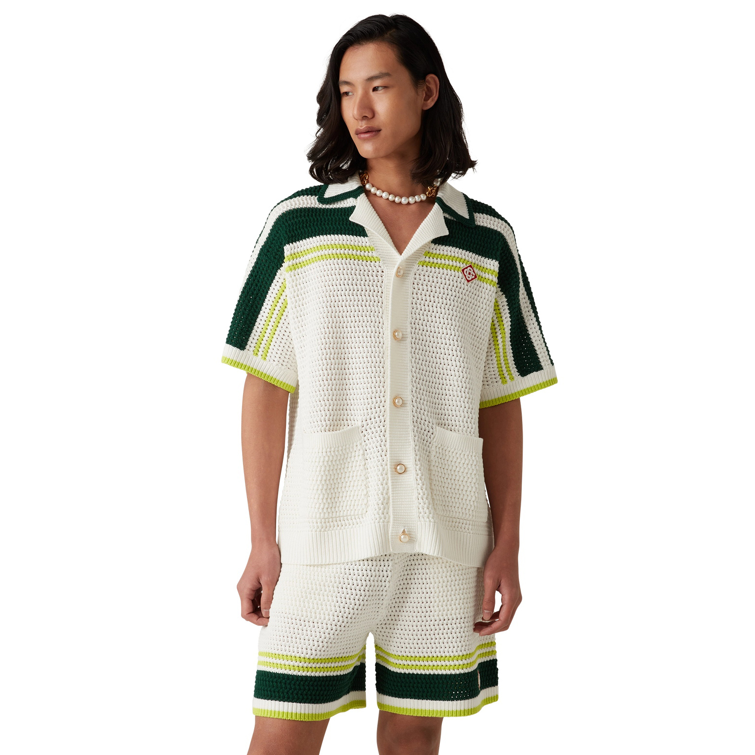 NIGO Casablanca Men's Summer Solid Color Skeleton Knit Breathable Single Breasted Short Sleeved Shirt Drawstring Tie Casual Knit Shorts Suit Set #nigo76526