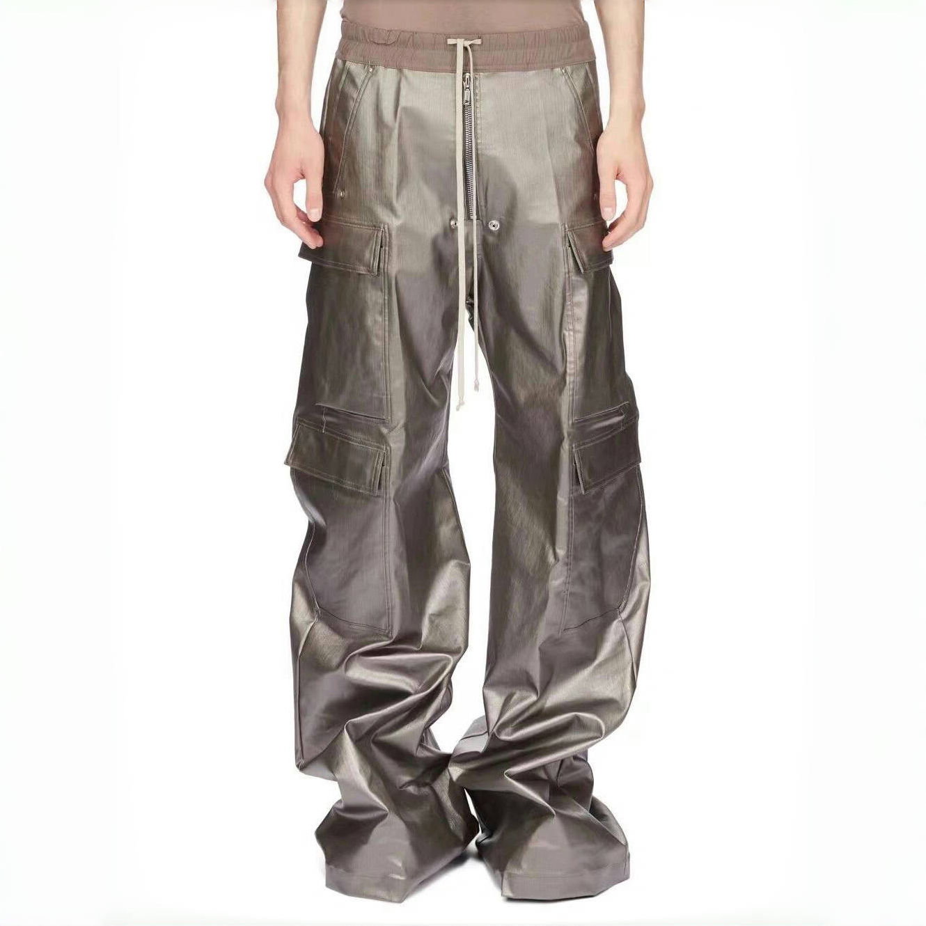 NIGO Rick Owens Men's Spliced Side Pockets Solid Color Coated Wide Leg Jeans Spring & Autumn Casual Long Pants Ngvp #nigo1518
