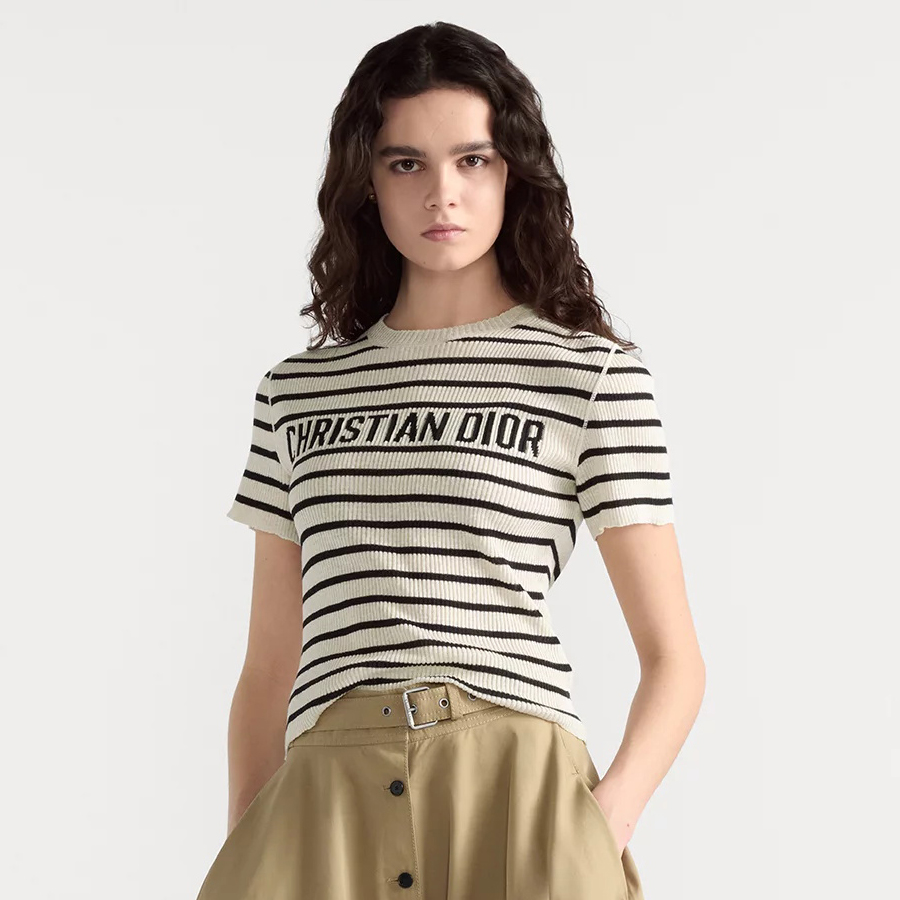 NIGO DIOR Women's Summer Black And White Striped Appliquéd Letters Knit Round Neck Short Sleeve T-shirt #nigo76543