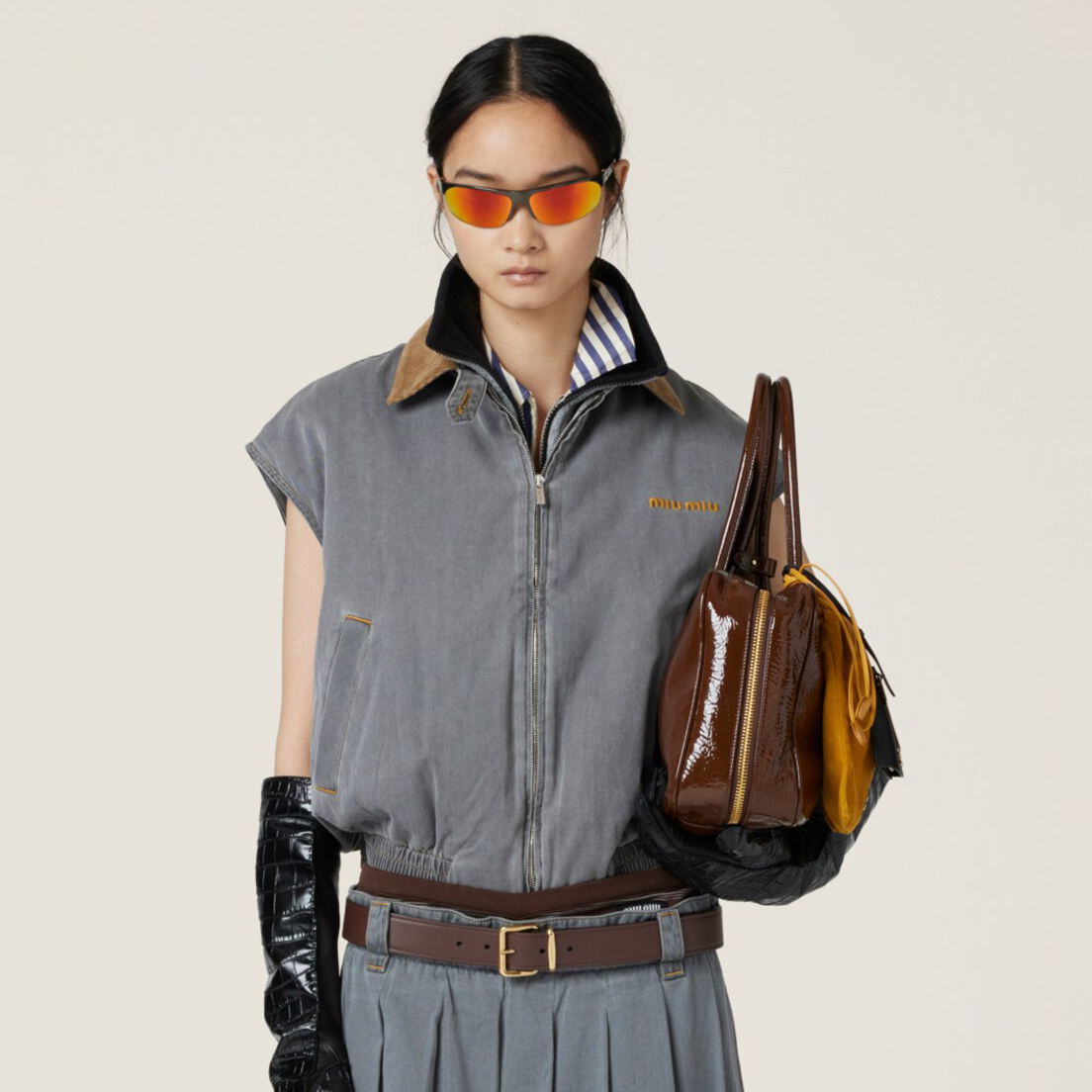 NIGO MiuMiu Women's Fall/Winter Logo Printed Splicing Lapel Zipper Closure Sleeveless Vest Jacket #nigo76536