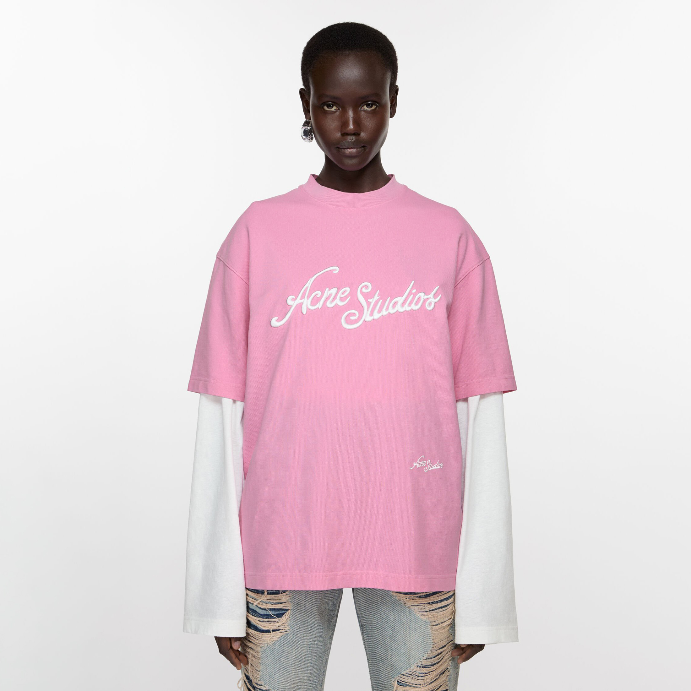 NIGO Acne Studios Women Spring Summer 3D Embroidery Logo Pink White Fashion Temperament Casual Tide Round Neck Top T-shirt #nigo81216