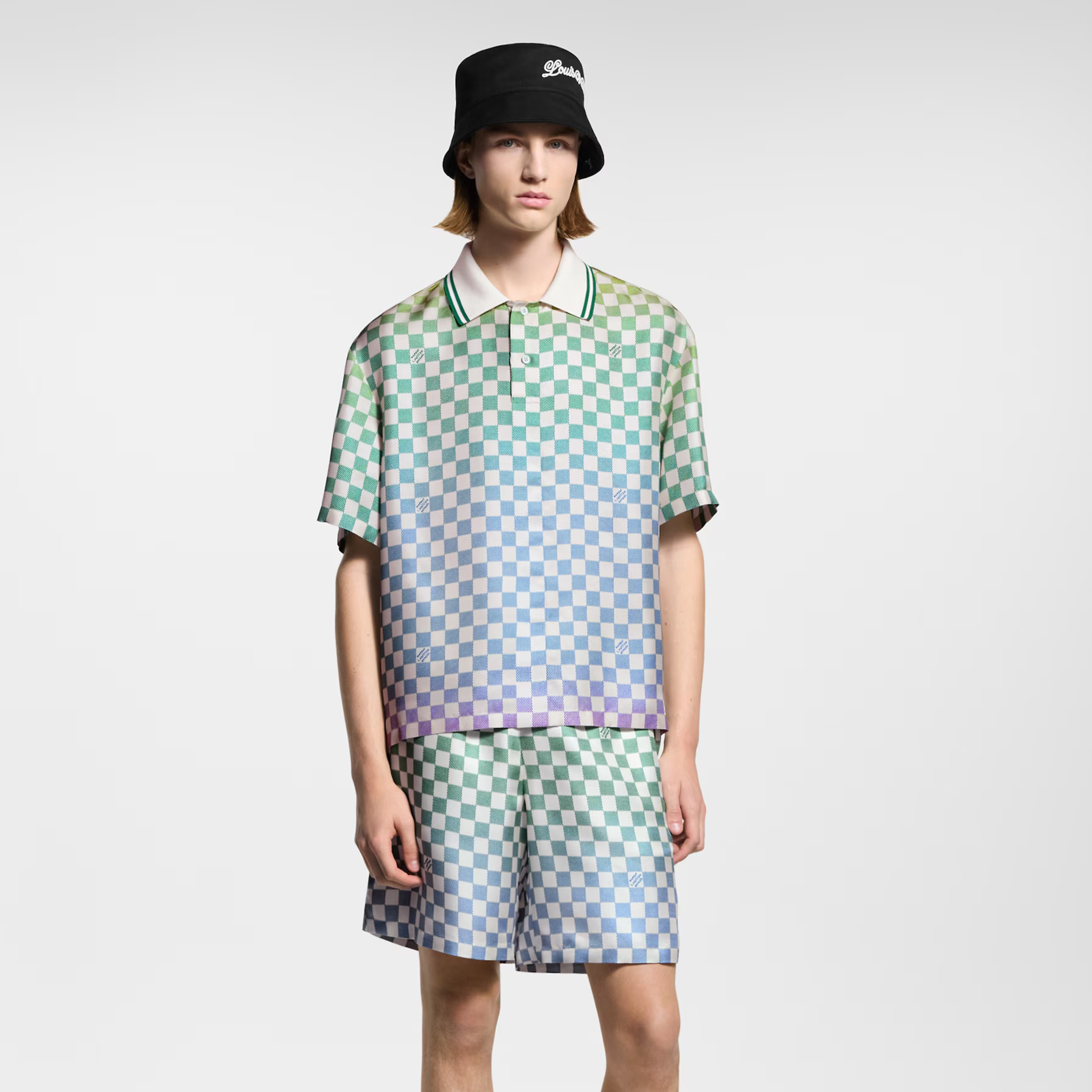 NIGO Louis Vuitton Men's Spring/Summer Damier Gradient Printed Mulberry Silk Short Sleeve Polo Shirt Casual Elastic Waist Shorts #nigo81171