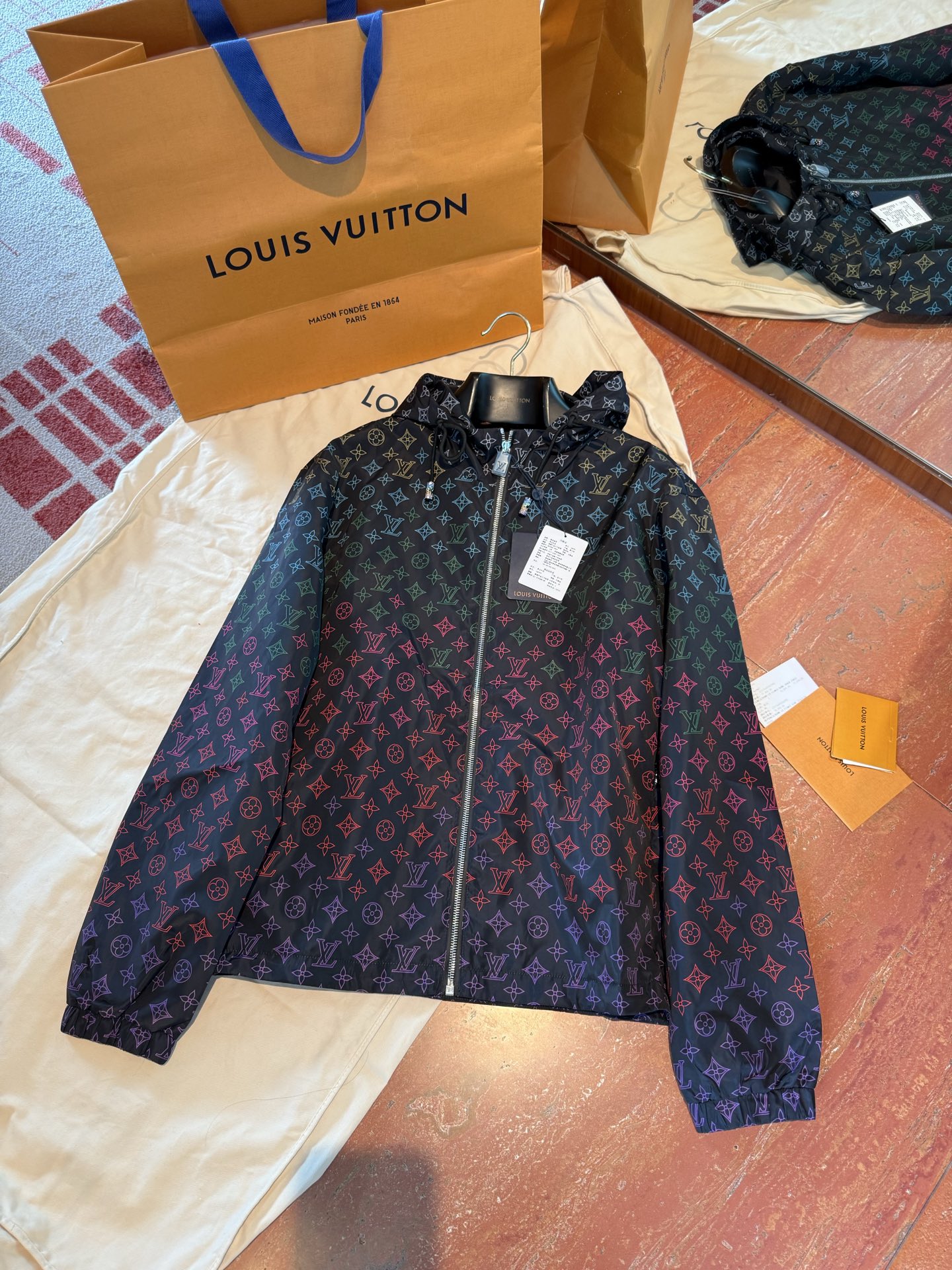 NIGO Louis Vuitton Men's And Women's Spring And Summer Gradient Rainbow Letters Printed Sunscreen Hooded Zipper Long Sleeved Jacket #nigo76558