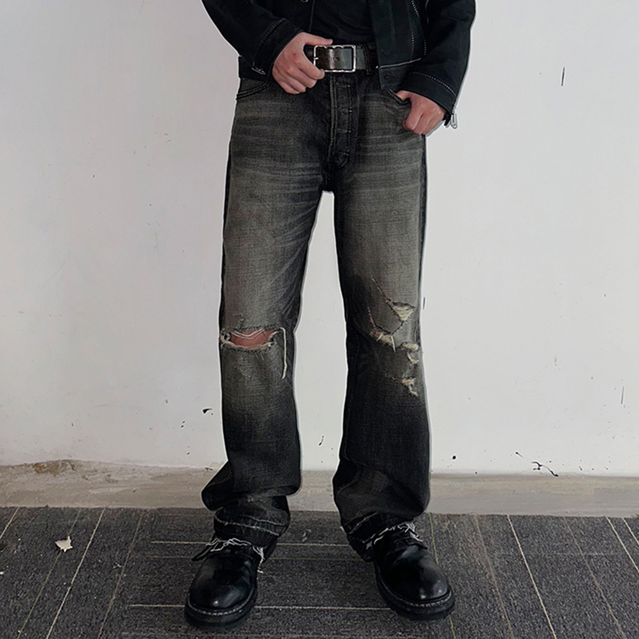 NIGO Celine Men's Spring Autumn Dark Style Knife Cut Washed Destroyed Straight Baggy Jeans Loose Denim Pants Straight Trousers  Ngvp #nigo1563