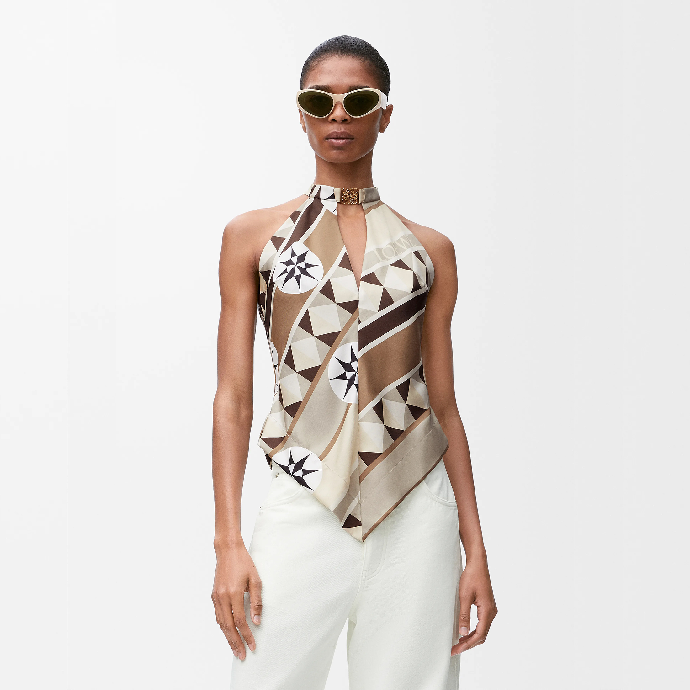 NIGO Loewe Women's Summer Silk Wrap Neck Tie Top Compass Pattern Print and Anagram Pattern Fashion Trend Sleeveless Top T-Shirt  #nigo81221