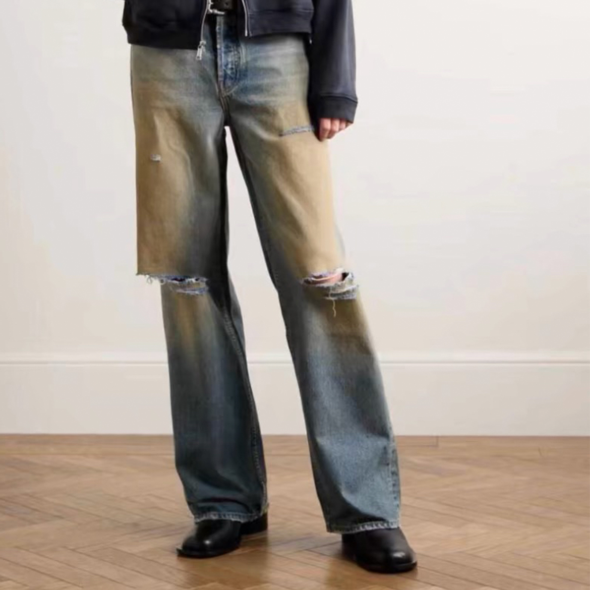 NIGO Enfants Riches Deprimes Men's Aged Destroyed Washed Jeans Seasonal Cotton Solid Color Wide Leg Pants Ngvp #nigo1524