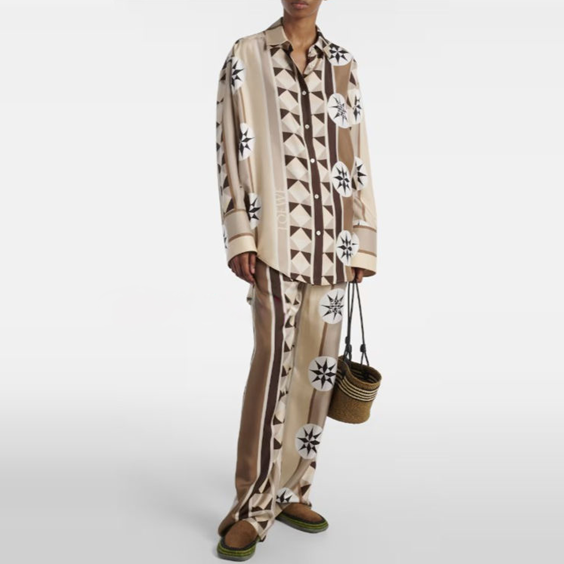 NIGO Loewe Women's Summer Paula's Ibiza Large Silhouette Print Shirt Pajama Style Trousers Pants Compass Pattern Print and Anagram Pattern Short Sleeve Shirt Suit Set  #nigo81222