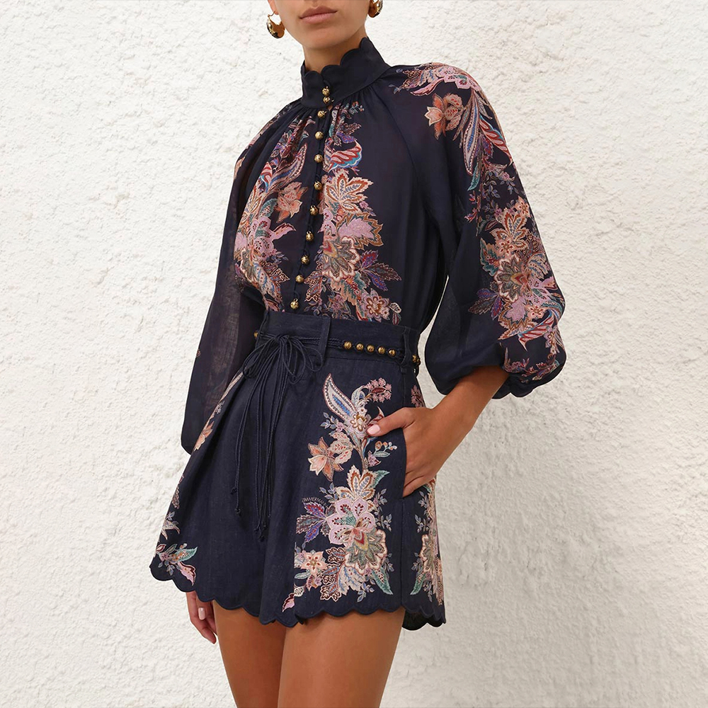 NIGO Zimmermann Women's Rhiannon Billow Blouse Summer Collar Printed Button Ramie Long Sleeve Loose Shirt Tie Casual Linen Tuck Shorts #nigo81184