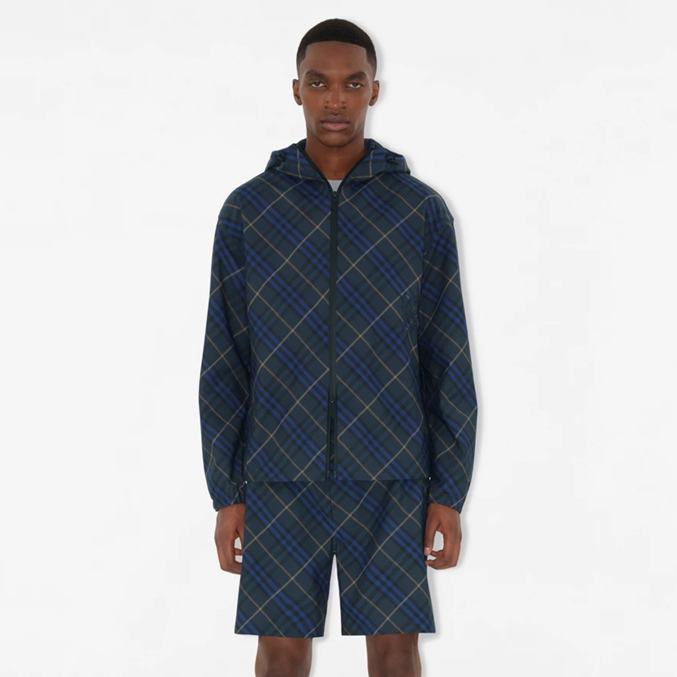 NIGO Burberry Men's Spring and Autumn Check Twill Jacket Shorts Set Equestrian Rider Logo Applique Fashion High Street Trend Hooded Jacket Drawstring Shorts Set Suit #nigo81226