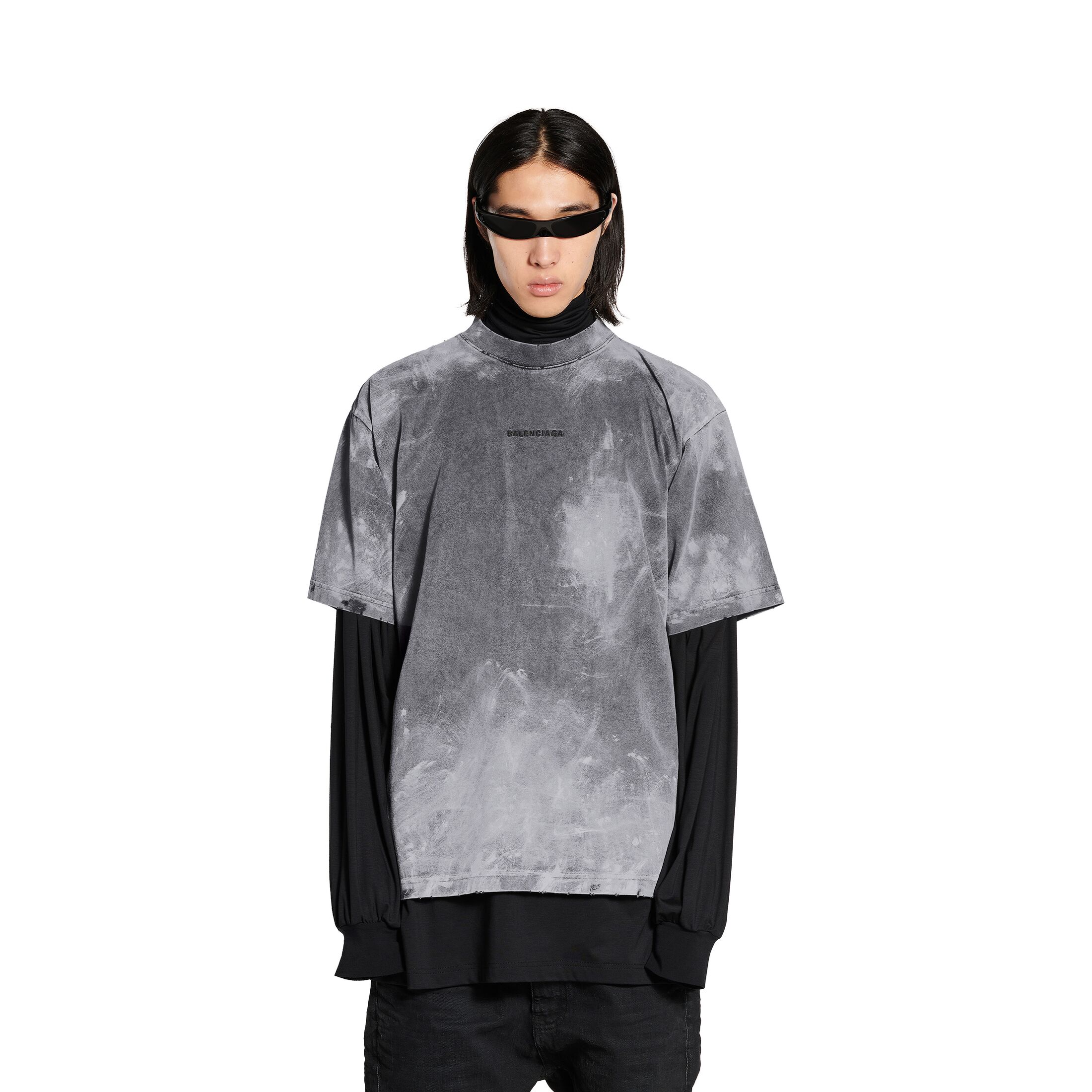 NIGO Balenciaga  Men's Summer Back Grey Painted Vintage Plain Knit Medium Fit Tee Fashion High Street Trend Hip Hop Round Neck Short Sleeve Top #nigo81223