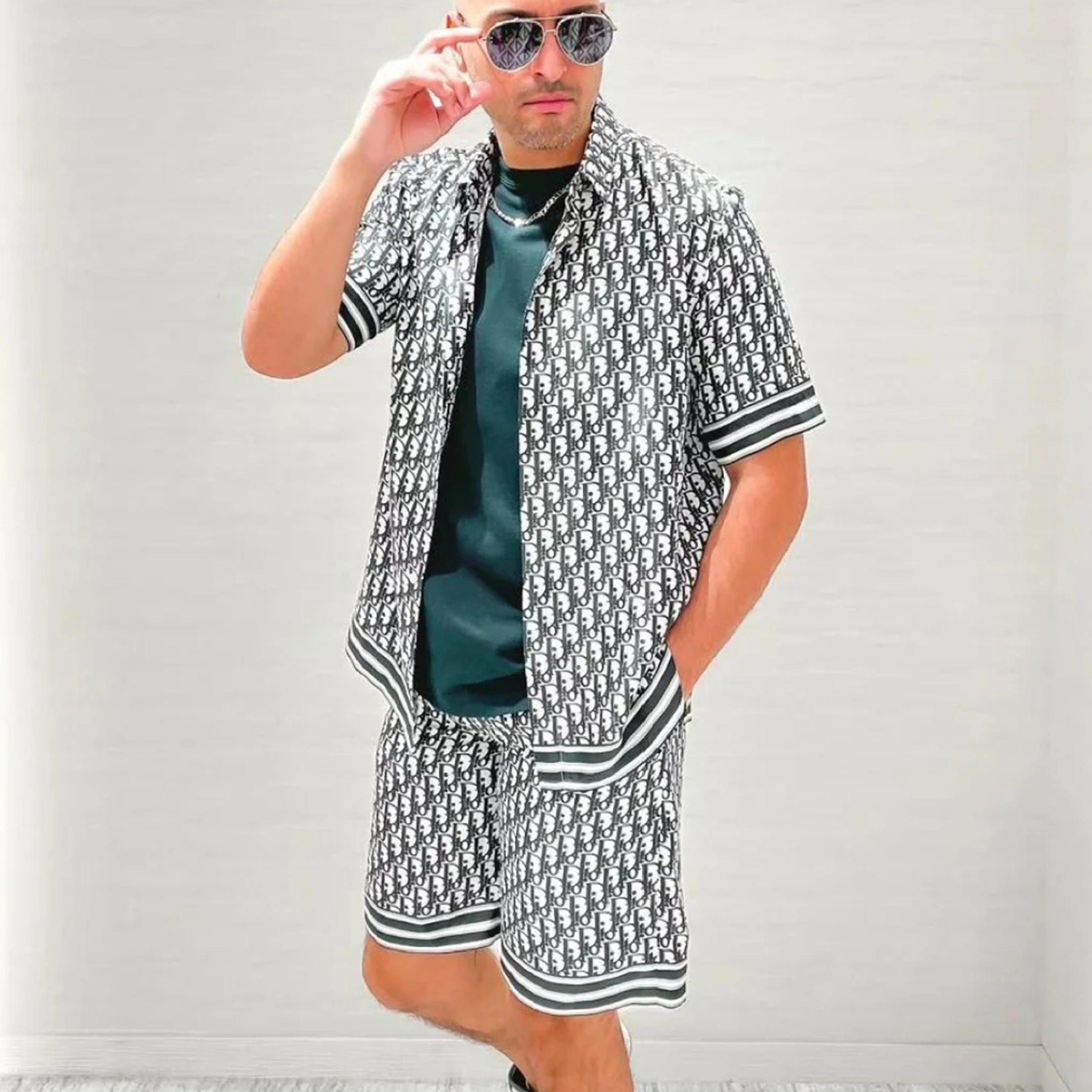 NIGO Dior Men's Summer Oblique Print Logo Pattern Short Sleeve Shirt Straight Shorts Set Comfortable Popular Wear Versatile Set Suit #nigo81231