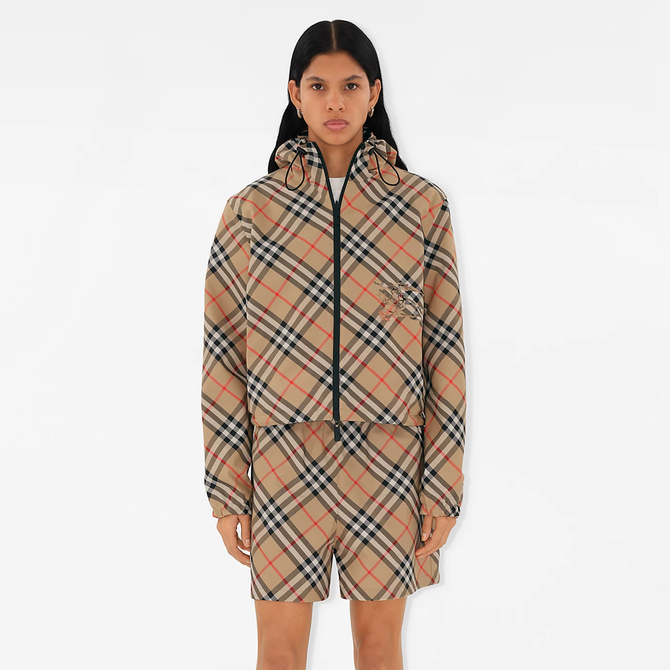 NIGO Burberry Women's Autumn Reversible Plaid Twill Jacket Equestrian Rider Logo Applique Fashion Loose Casual Trend Drawstring Hooded Jacket  #nigo81227
